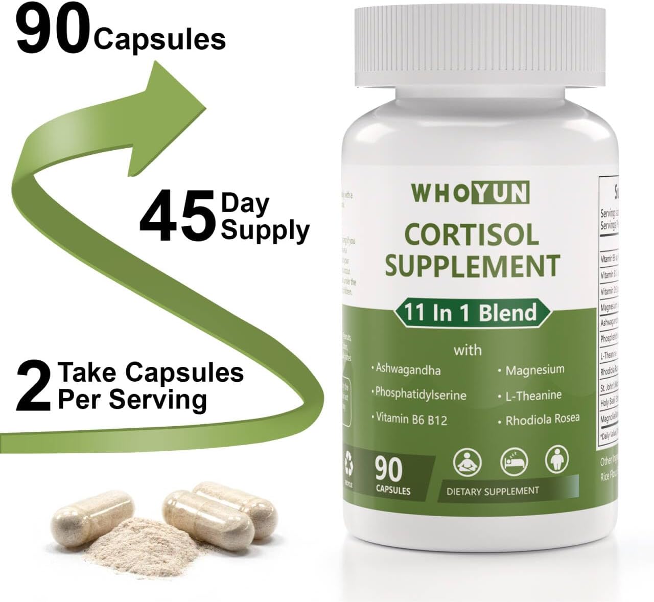 Women's 11-in-1 Lower Cortisol Supplement with Ashwagandha & Magnesium - Vegan, 90 Capsules