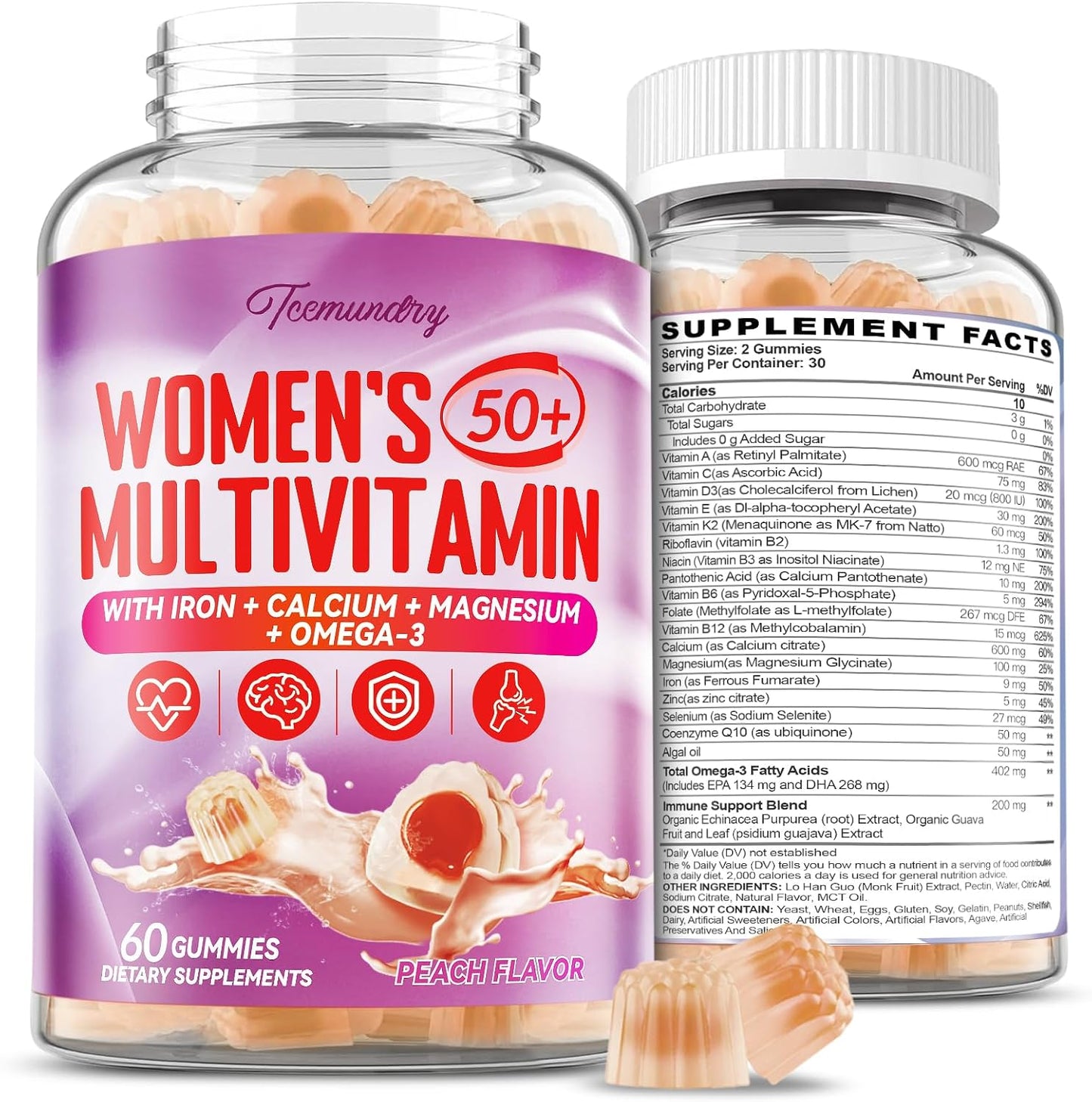 Women's 50+ Multivitamin Gummies with Omega 3, CoQ10, Iron, Calcium, Zinc, Vitamin A, C, D3, E, K2, B Complex, Folate - Energy, Immunity, Eye, Skin Support