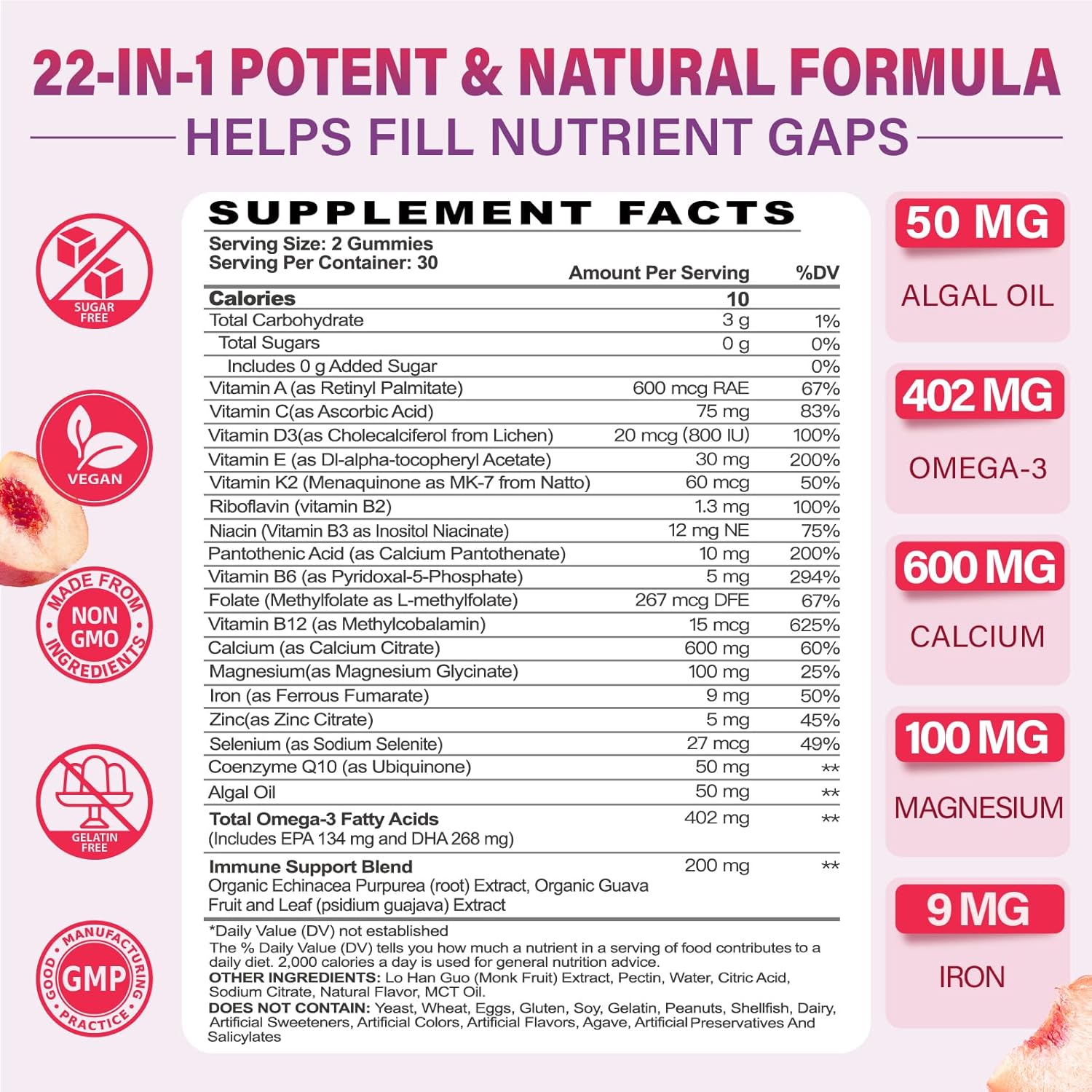 Women's 50+ Multivitamin Gummies with Omega 3, CoQ10, Iron, Calcium, Zinc, Vitamin A, C, D3, E, K2, B Complex, Folate - Energy, Immunity, Eye, Skin Support