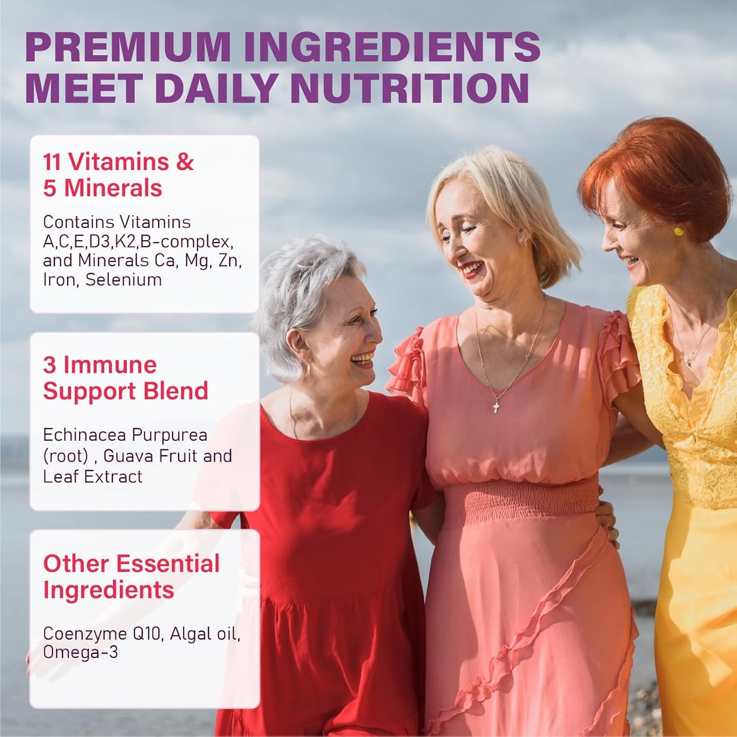 Women's 50+ Multivitamin Gummies with Omega 3, CoQ10, Iron, Calcium, Zinc, Vitamin A, C, D3, E, K2, B Complex, Folate - Energy, Immunity, Eye, Skin Support