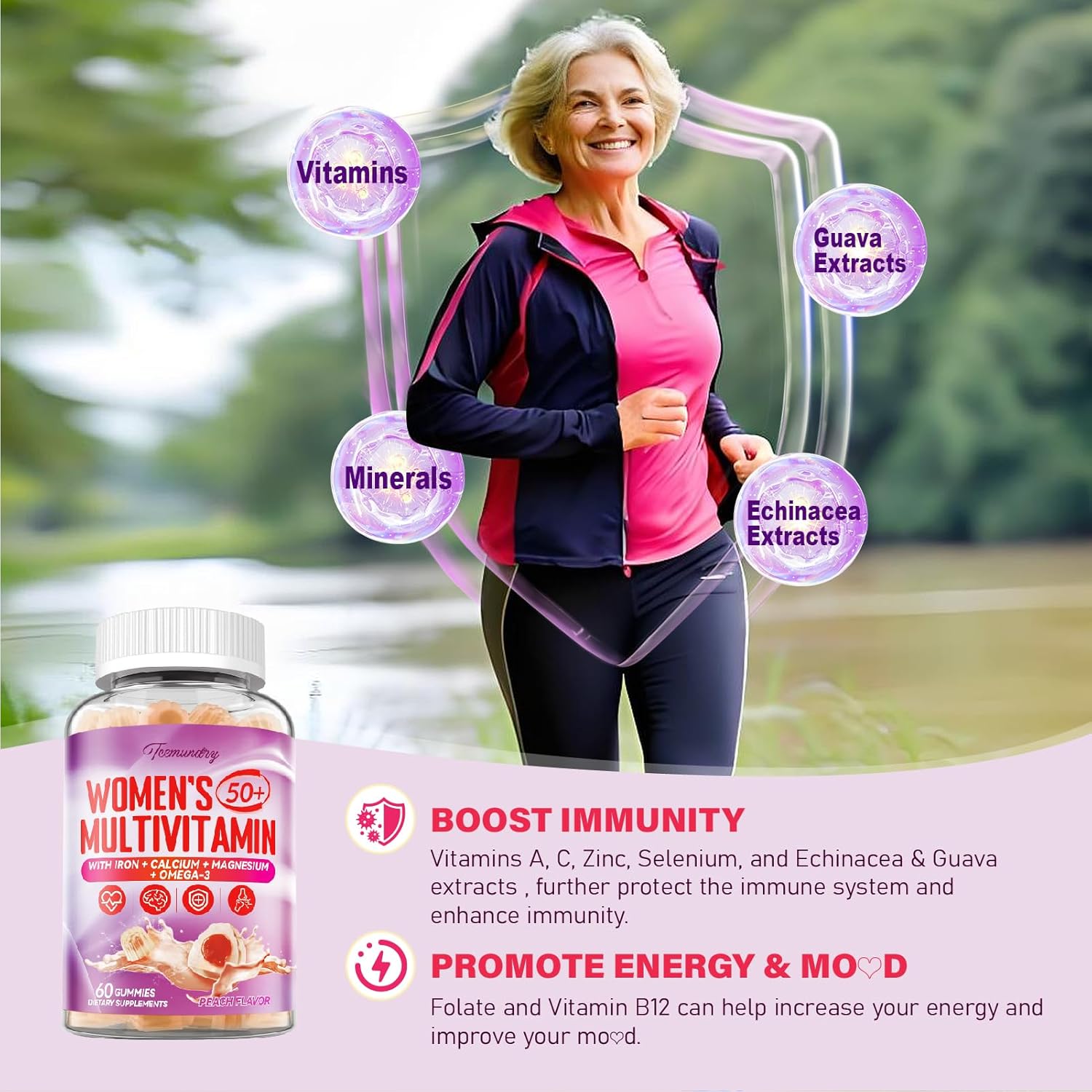 Women's 50+ Multivitamin Gummies with Omega 3, CoQ10, Iron, Calcium, Zinc, Vitamin A, C, D3, E, K2, B Complex, Folate - Energy, Immunity, Eye, Skin Support