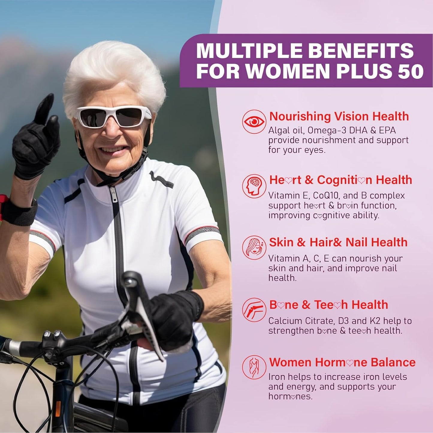 Women's 50+ Multivitamin Gummies with Omega 3, CoQ10, Iron, Calcium, Zinc, Vitamin A, C, D3, E, K2, B Complex, Folate - Energy, Immunity, Eye, Skin Support