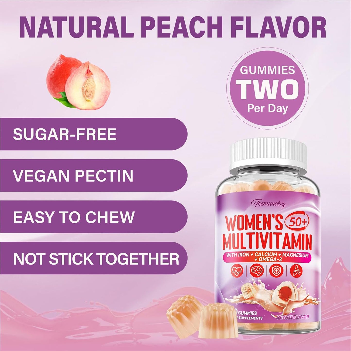 Women's 50+ Multivitamin Gummies with Omega 3, CoQ10, Iron, Calcium, Zinc, Vitamin A, C, D3, E, K2, B Complex, Folate - Energy, Immunity, Eye, Skin Support
