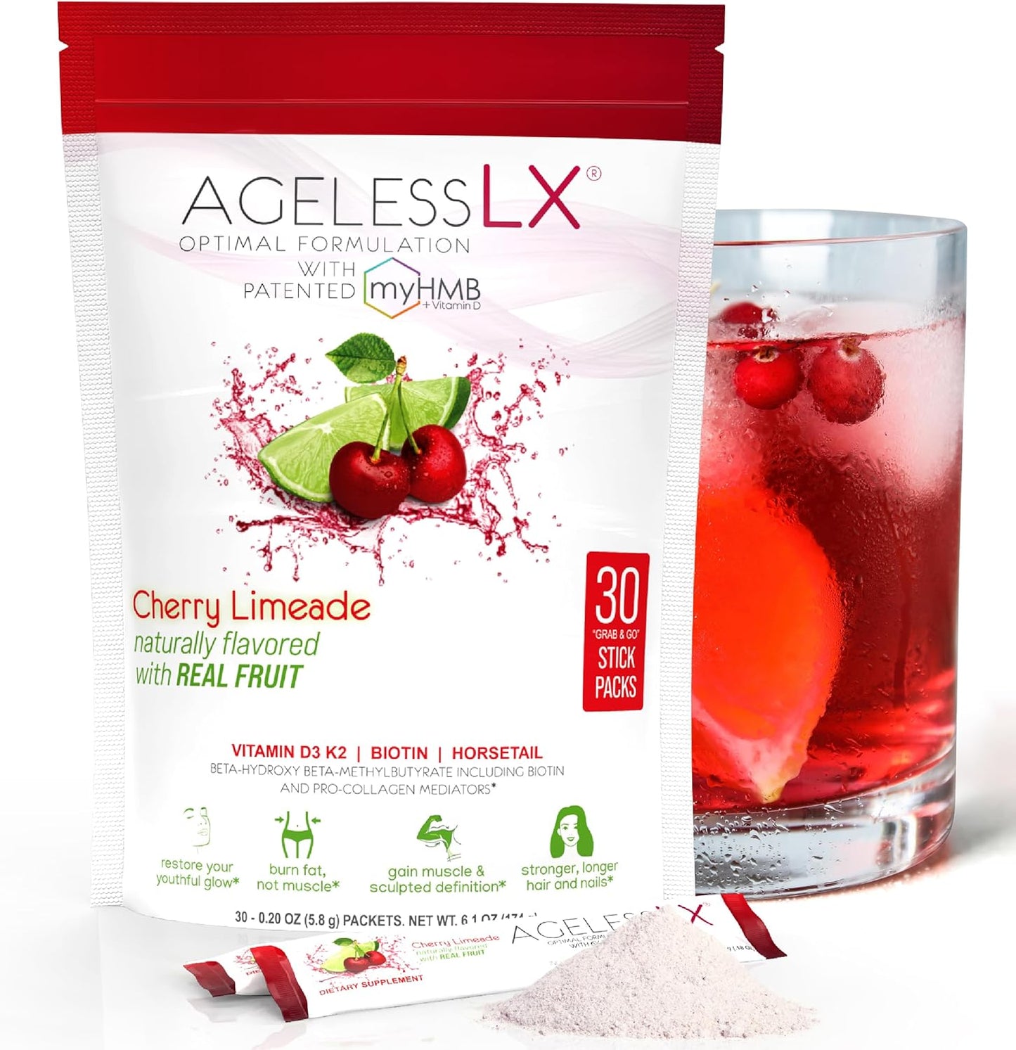 Women's AgelessLX Collagen Enhancer Powder with HMB, Vitamin D3, K2, Horsetail, and Biotin - 30 Packets, Cherry Limeade Flavor