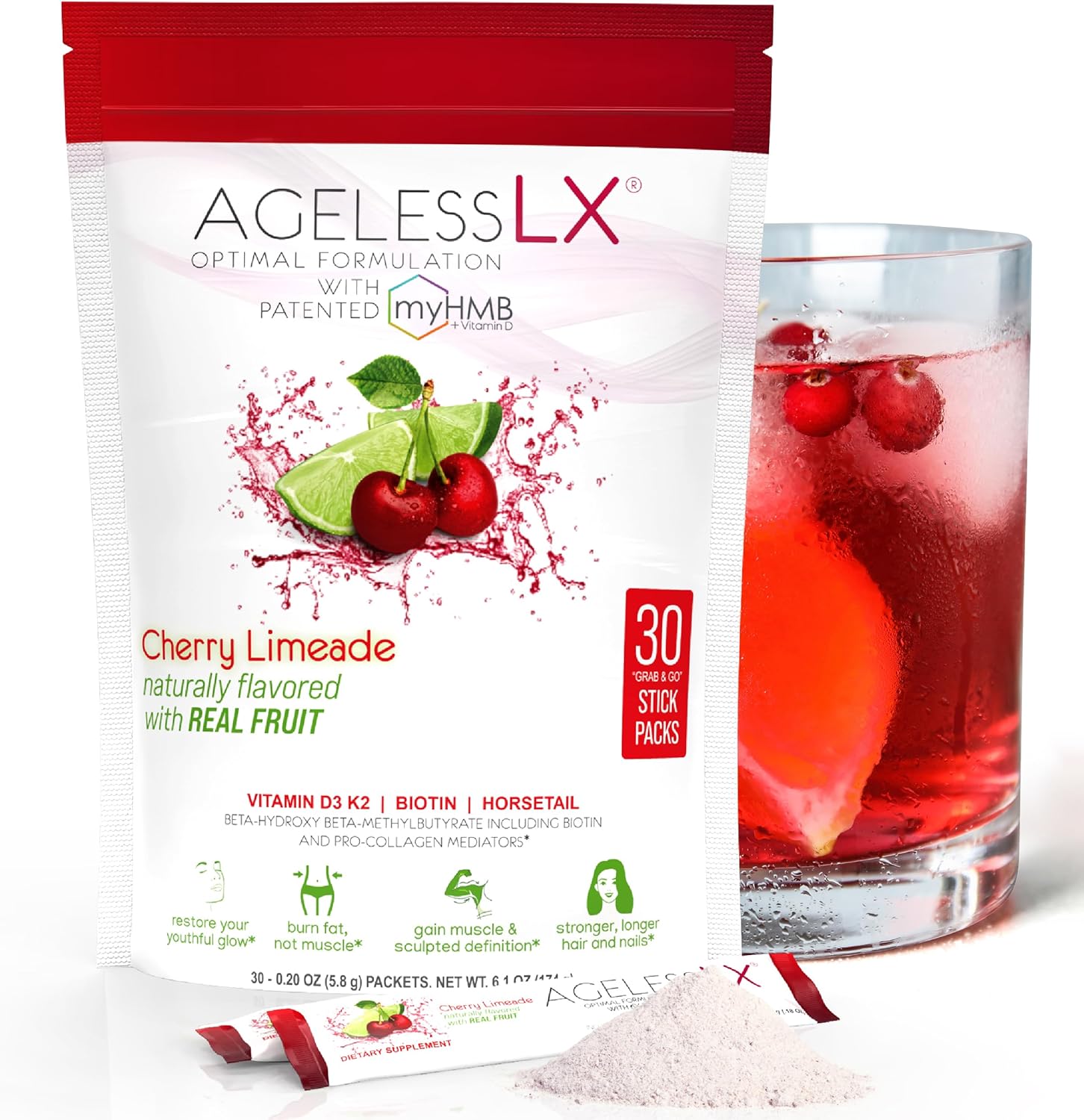 Women's AgelessLX Collagen Enhancer Powder with HMB, Vitamin D3, K2, Horsetail, and Biotin - 30 Packets, Cherry Limeade Flavor
