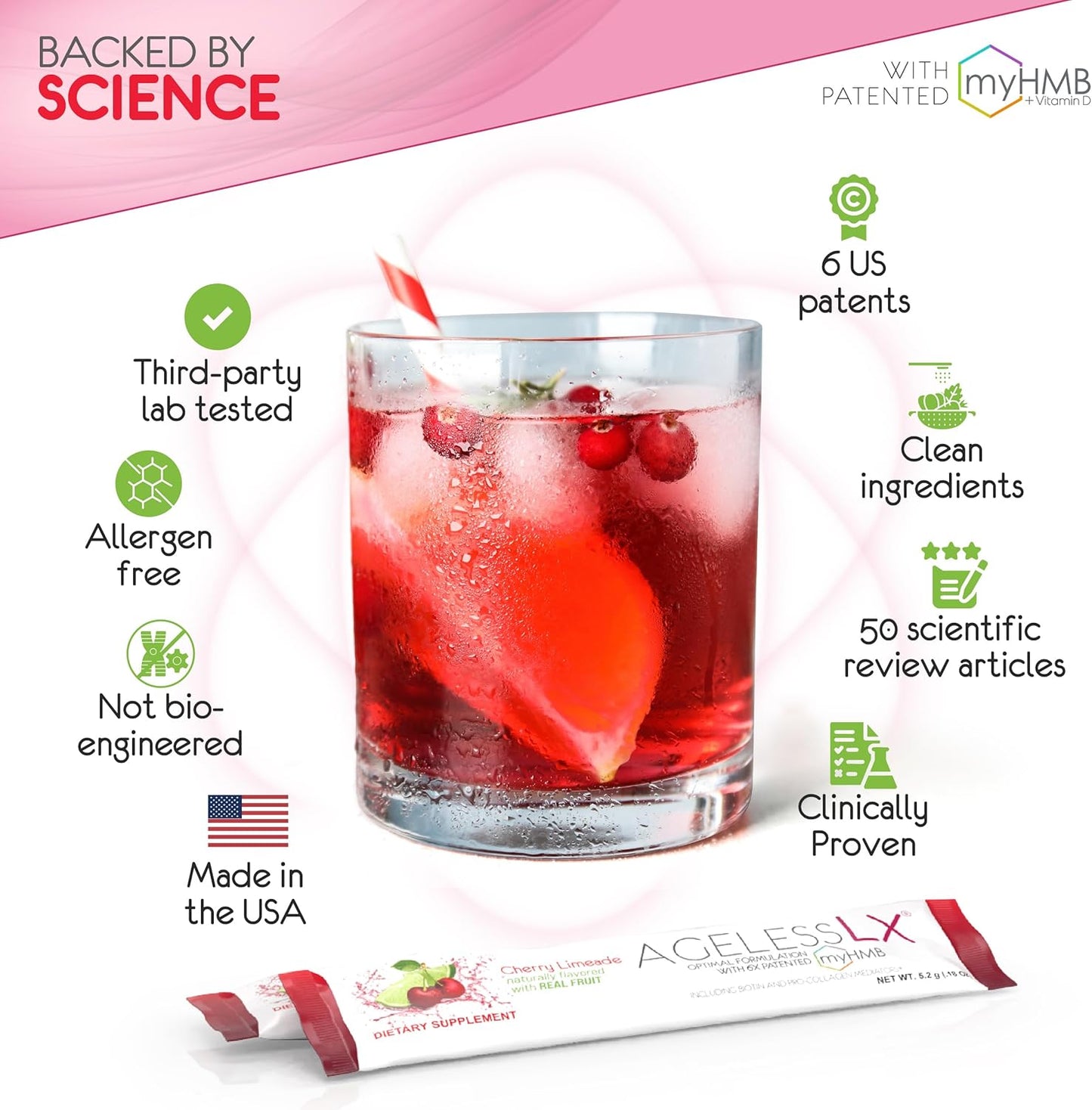 Women's AgelessLX Collagen Enhancer Powder with HMB, Vitamin D3, K2, Horsetail, and Biotin - 30 Packets, Cherry Limeade Flavor