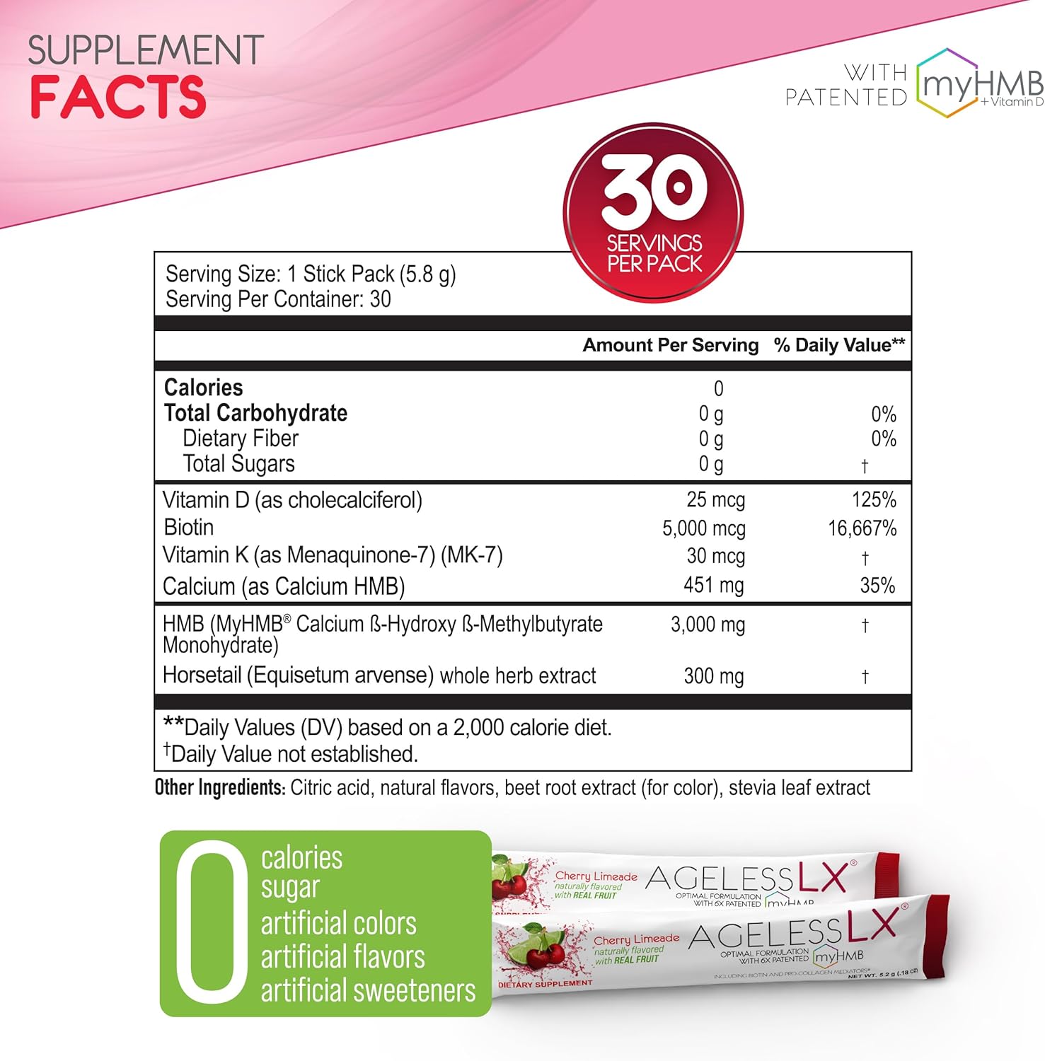 Women's AgelessLX Collagen Enhancer Powder with HMB, Vitamin D3, K2, Horsetail, and Biotin - 30 Packets, Cherry Limeade Flavor