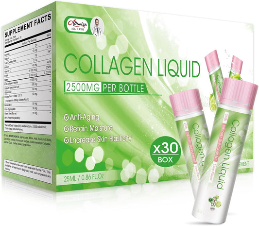 Women's Alliwise Liquid Collagen Drink with Marine Peptides, Glutathione, Vitamin C & Biotin - Anti-Aging Beauty Supplement for Skin Revitalization - 2500mg (Pack of 30, Lemon Flavor)