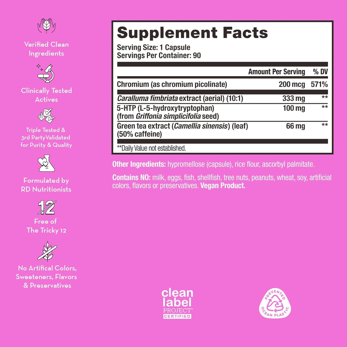 Women's Appetite Suppressant with Caralluma, Chromium, 5 HTP, Green Tea Extract - 90 Capsules