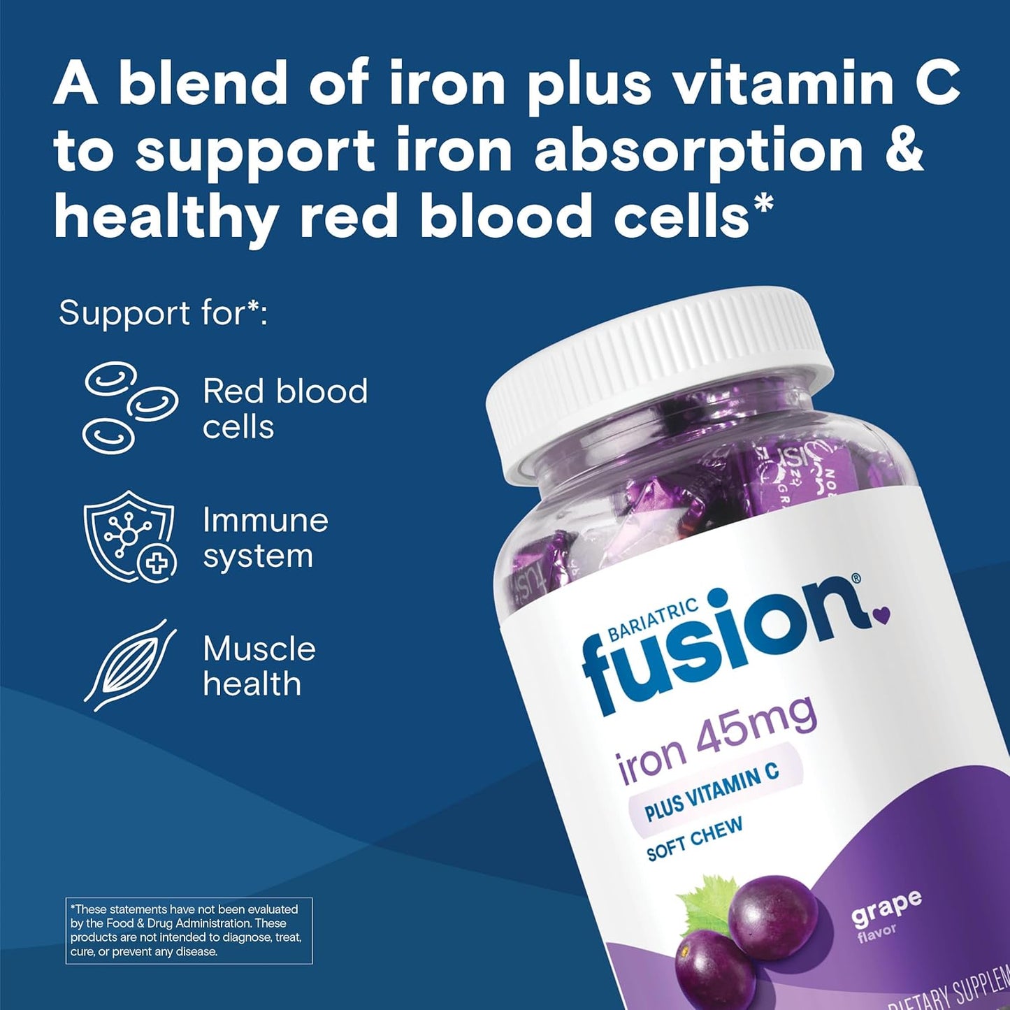 Women's Bariatric Fusion Iron Soft Chews with Vitamin C - Grape Flavor, Gentle on Stomach, 60 Count (2 Month Supply)