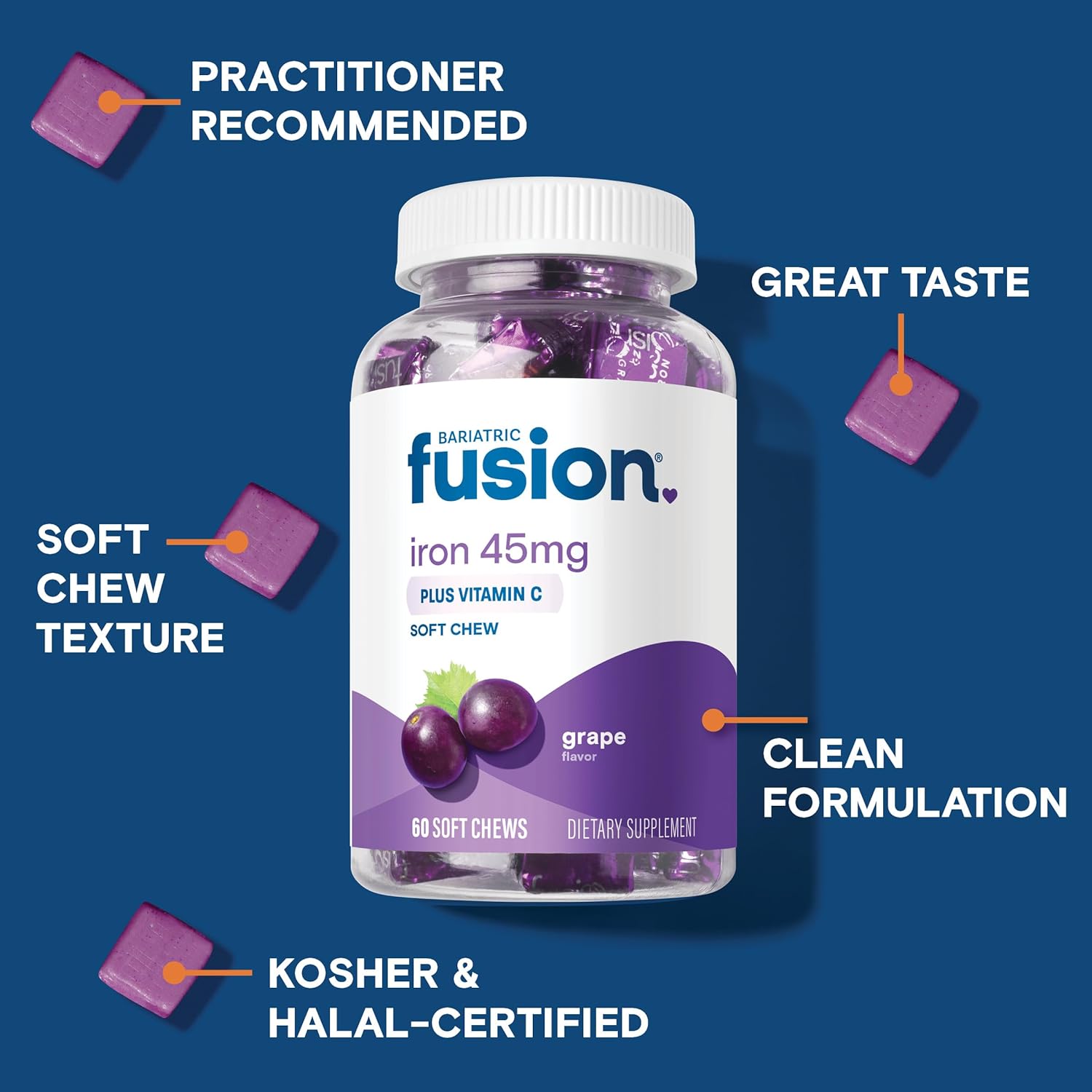 Women's Bariatric Fusion Iron Soft Chews with Vitamin C - Grape Flavor, Gentle on Stomach, 60 Count (2 Month Supply)