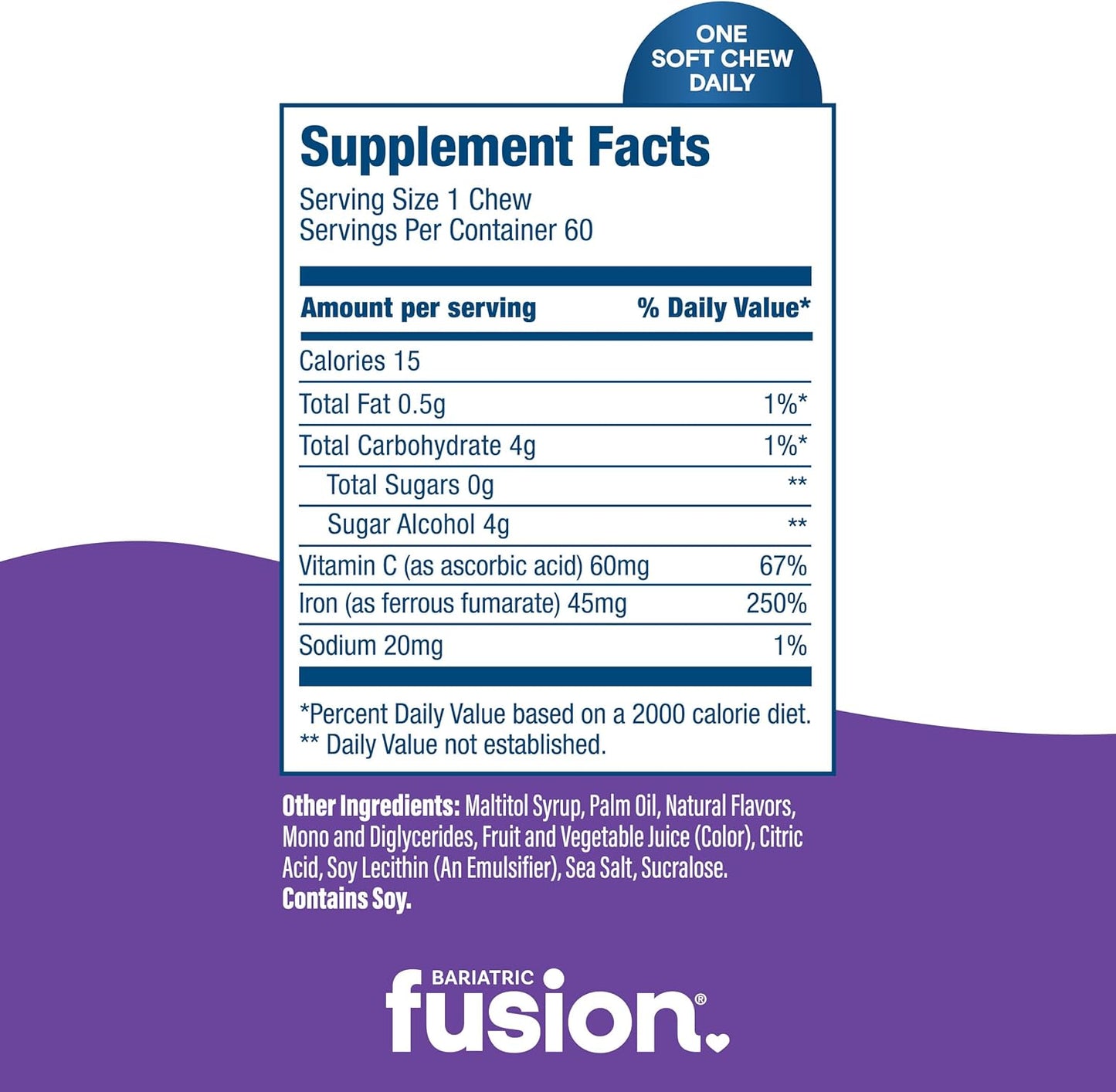 Women's Bariatric Fusion Iron Soft Chews with Vitamin C - Grape Flavor, Gentle on Stomach, 60 Count (2 Month Supply)