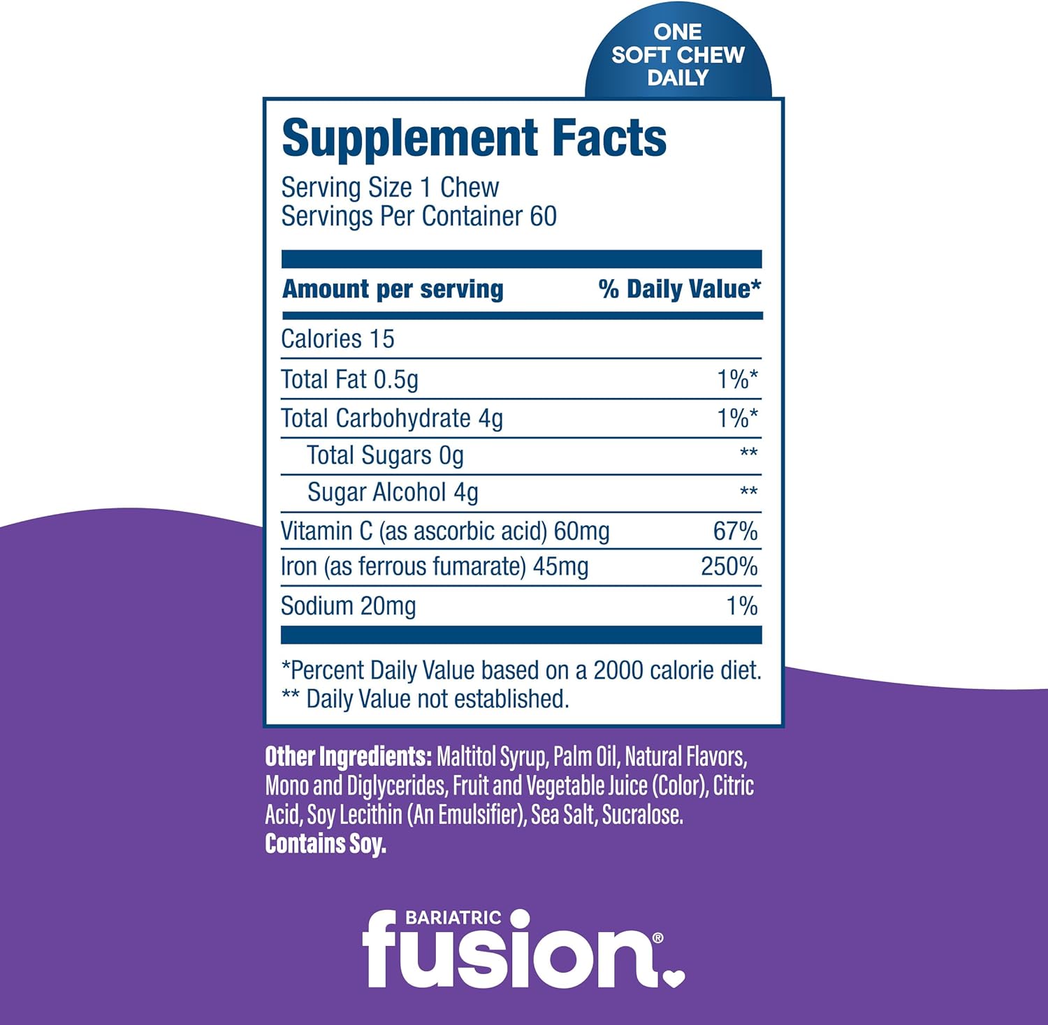 Women's Bariatric Fusion Iron Soft Chews with Vitamin C - Grape Flavor, Gentle on Stomach, 60 Count (2 Month Supply)
