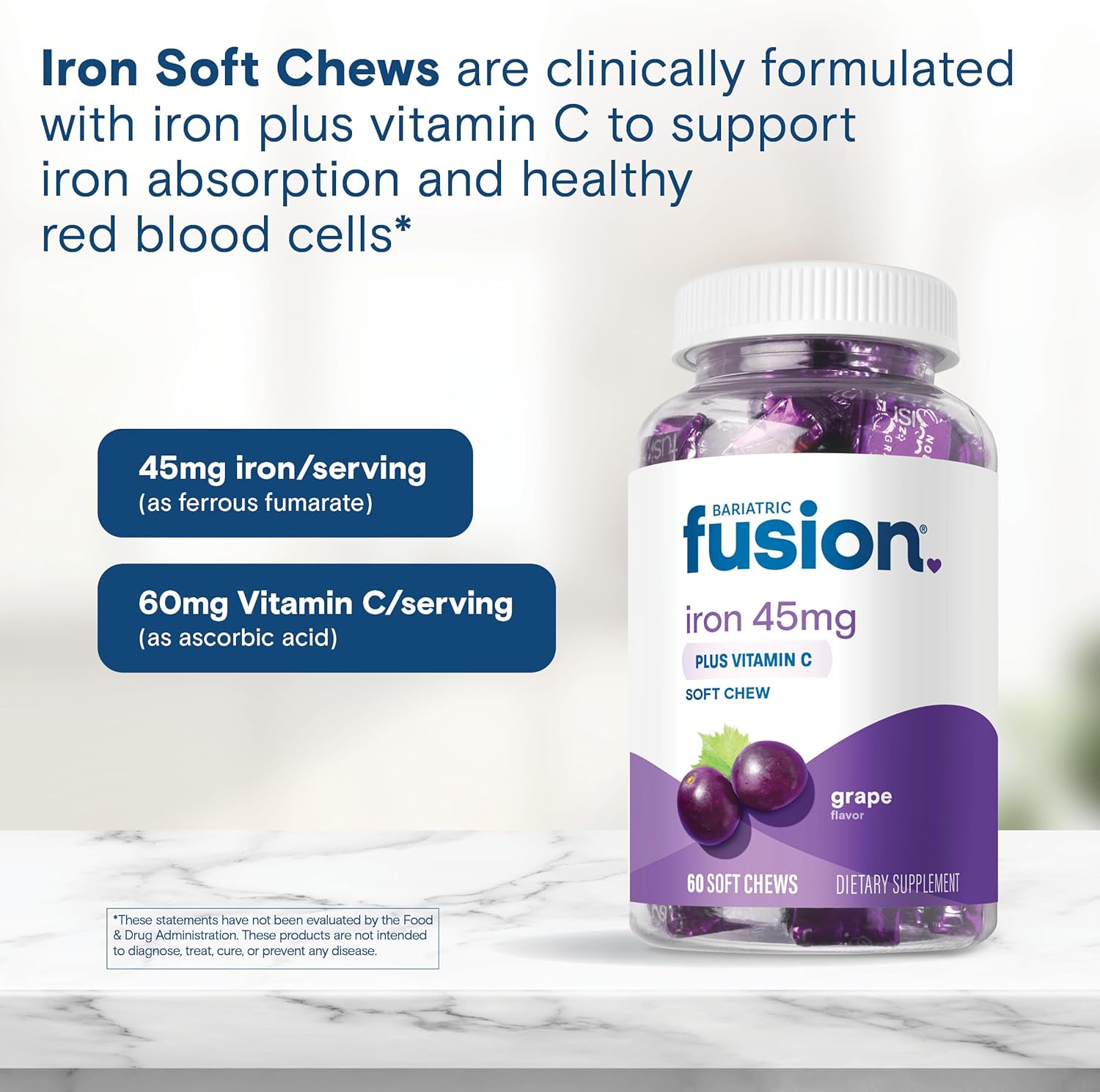 Women's Bariatric Fusion Iron Soft Chews with Vitamin C - Grape Flavor, Gentle on Stomach, 60 Count (2 Month Supply)