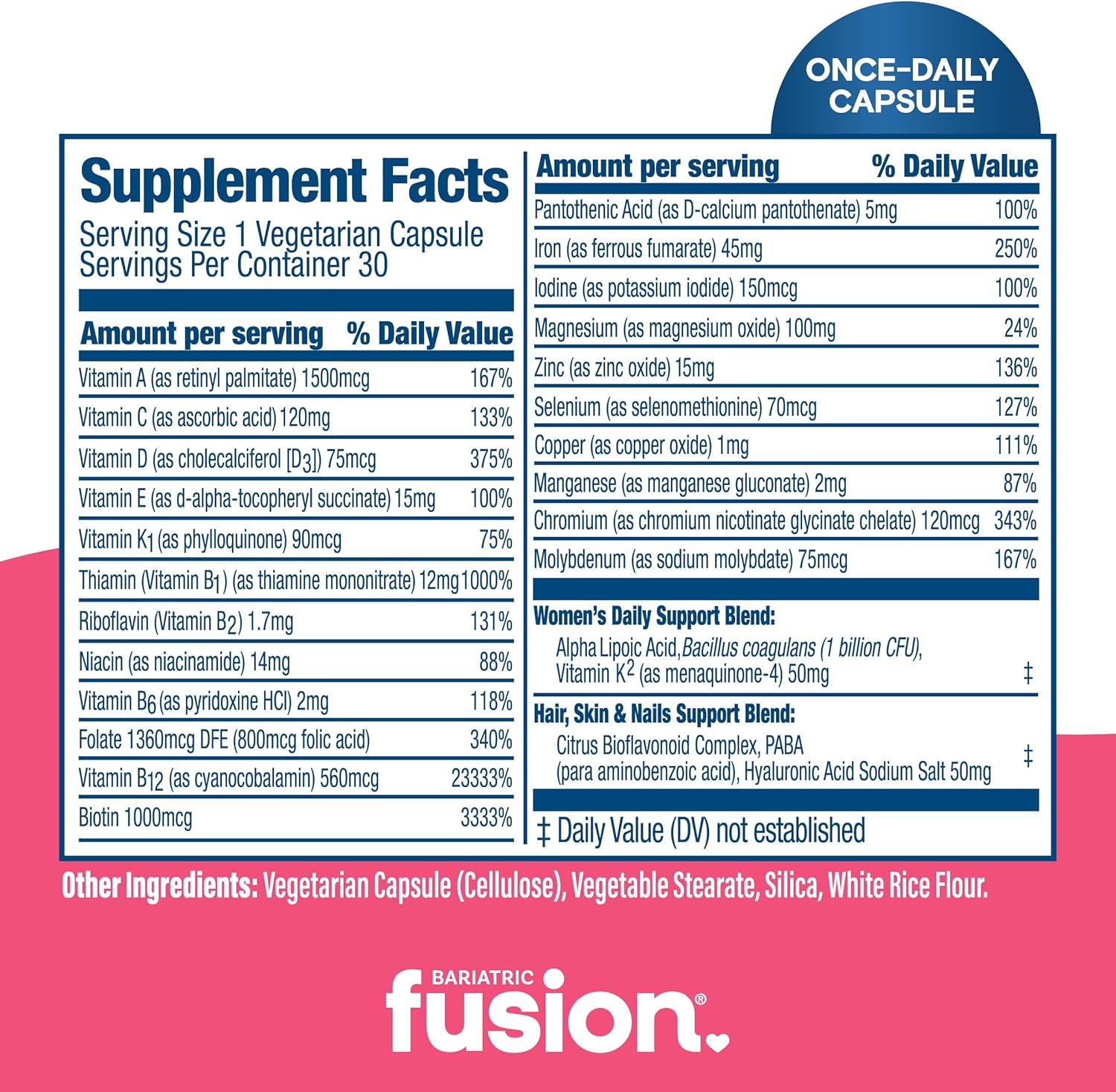 Women's Bariatric Fusion Multivitamin with Iron for Hair, Nails, Bypass, Sleeve Gastrectomy - 30 Capsules