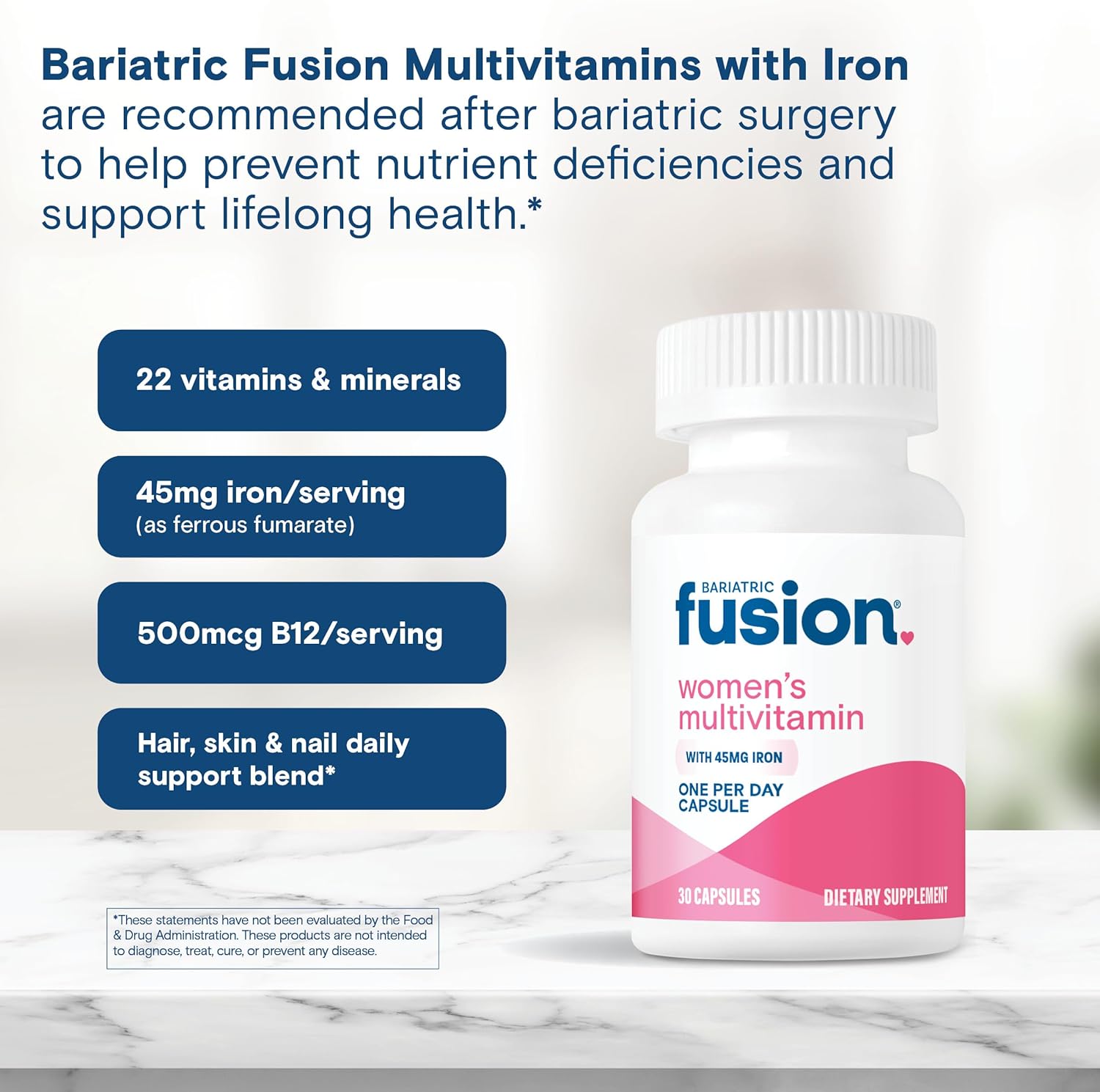 Women's Bariatric Fusion Multivitamin with Iron for Hair, Nails, Bypass, Sleeve Gastrectomy - 30 Capsules