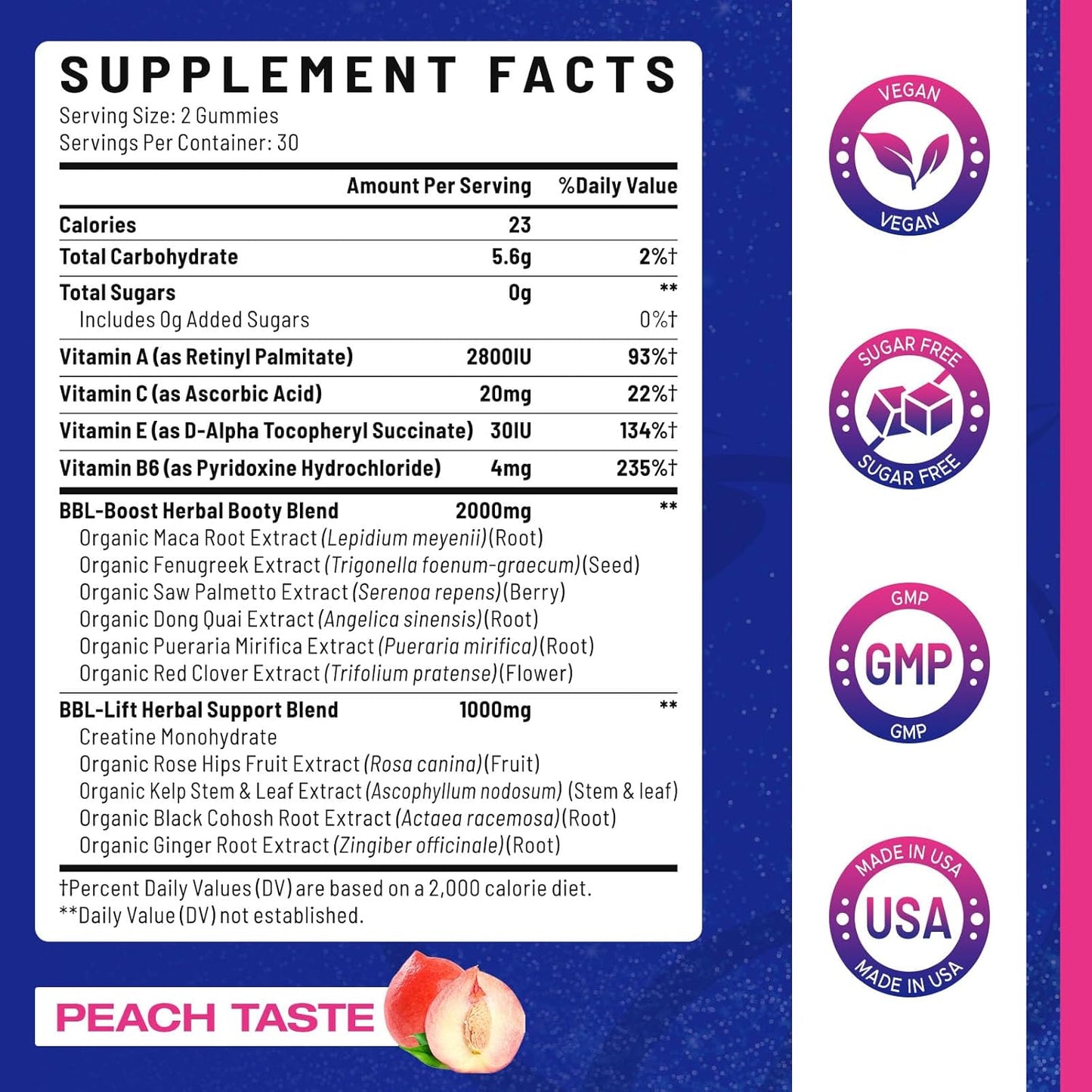Women's BBL Booty Gummies with Multivitamins and Herbal Extracts - Peach Flavor - 60 Gummies