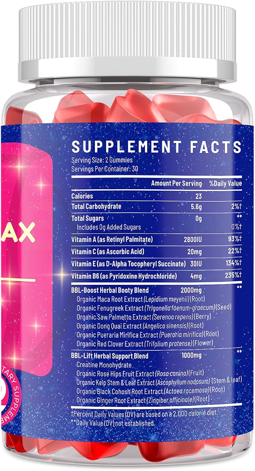 Women's BBL Booty Gummies with Multivitamins and Herbal Extracts - Peach Flavor - 60 Gummies