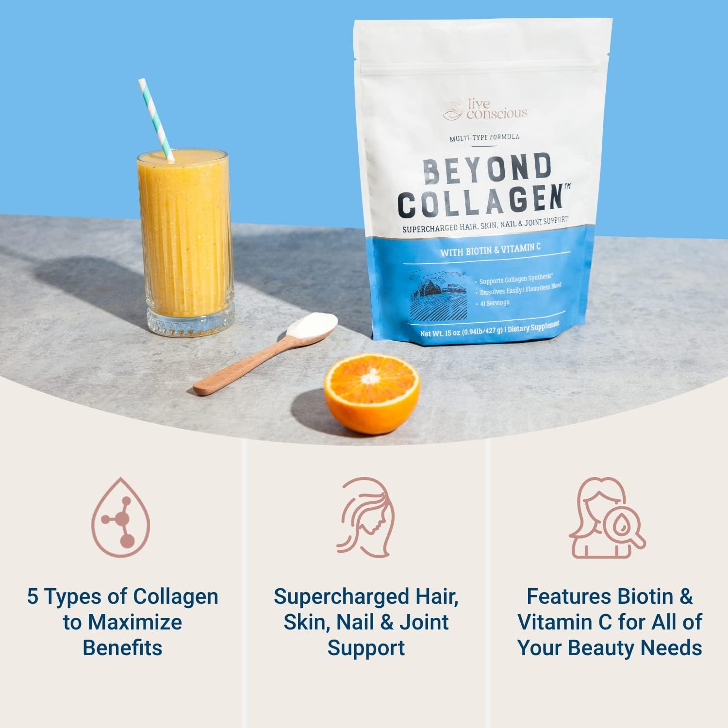 Women's Beyond Collagen Multi Collagen Powder - Types I, II, III, V & X, Keto Friendly with Biotin & Vitamin C - 41 Servings