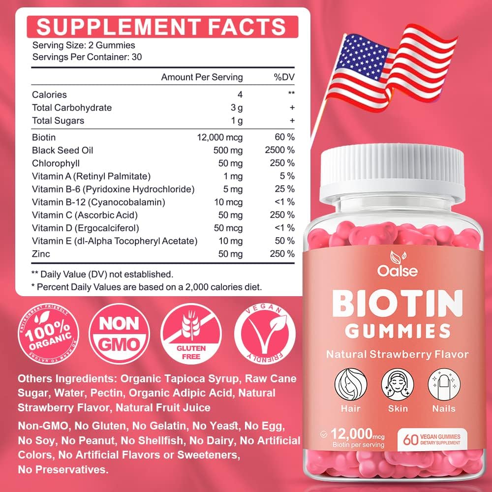Women's Biotin 12,000mcg Gummies with Chlorophyll, Black Seed Oil, Multivitamins & Zinc - Hair, Skin, and Nails Vitamins for Glowth & Immune Health - 2-Pack