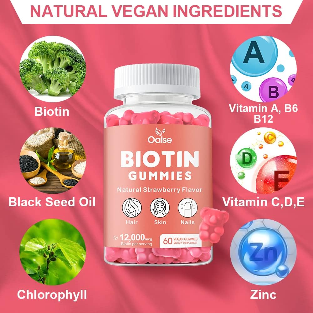 Women's Biotin 12,000mcg Gummies with Chlorophyll, Black Seed Oil, Multivitamins & Zinc - Hair, Skin, and Nails Vitamins for Glowth & Immune Health - 2-Pack