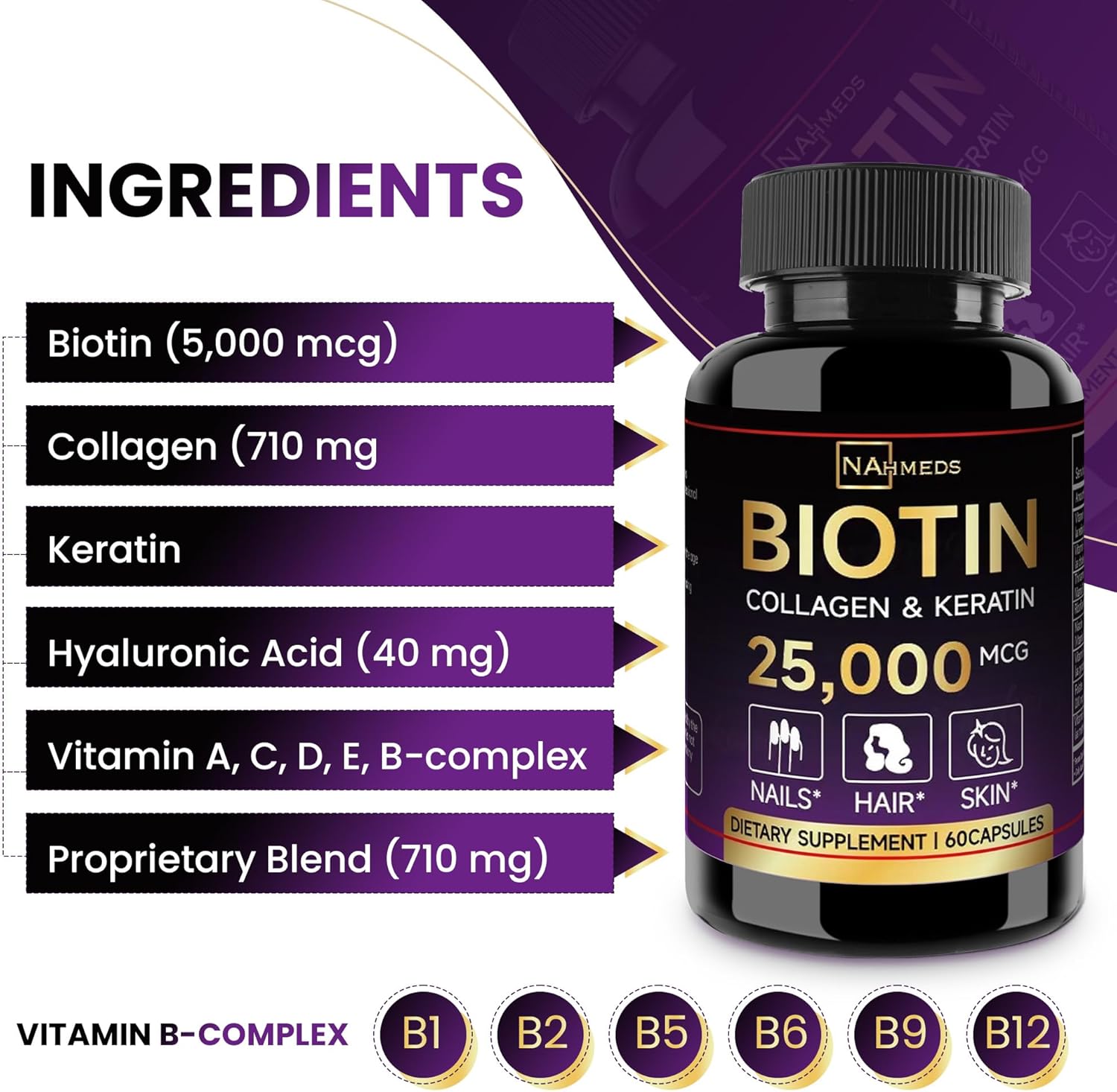 Women's Biotin and Collagen Supplements for Hair Growth and Skin Support - 2500 MCG, 60 Capsules