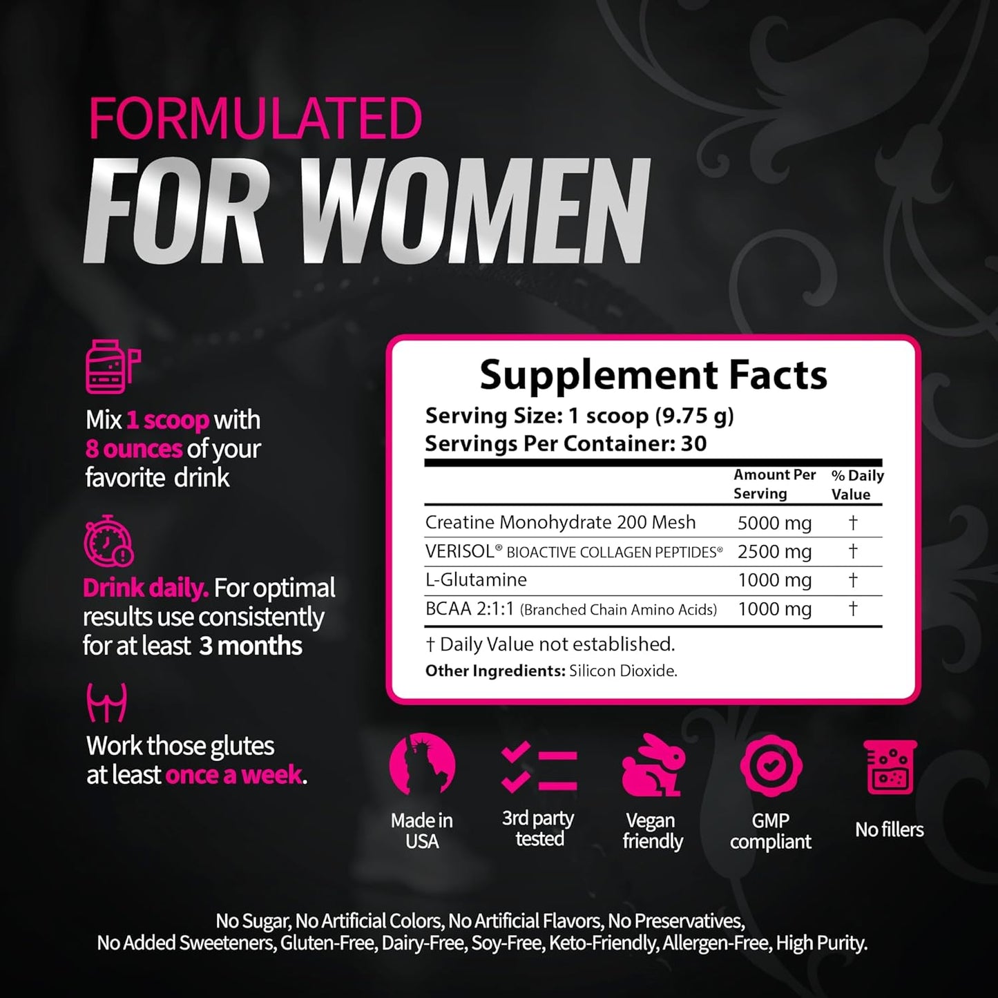 Women's Booty Gain & Cellulite Reduction Creatine Powder Supplement | Bold Buns | Vegan & Made in USA | Bloating-Free | Unflavored - 30 Servings
