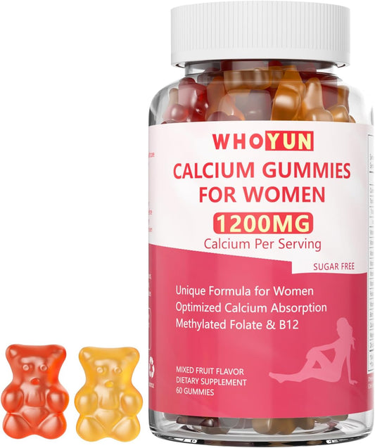 Women's Calcium Gummies with Folate, B6, B12, D3, Magnesium & Zinc - Chewable Bone & Skin Health Supplement 60 Count