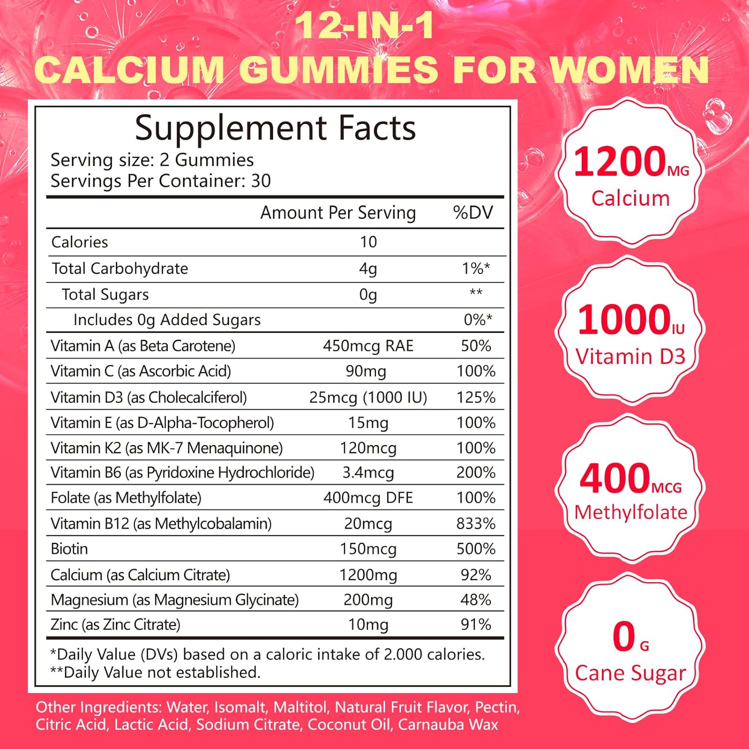 Women's Calcium Gummies with Folate, B6, B12, D3, Magnesium & Zinc - Chewable Bone & Skin Health Supplement 60 Count