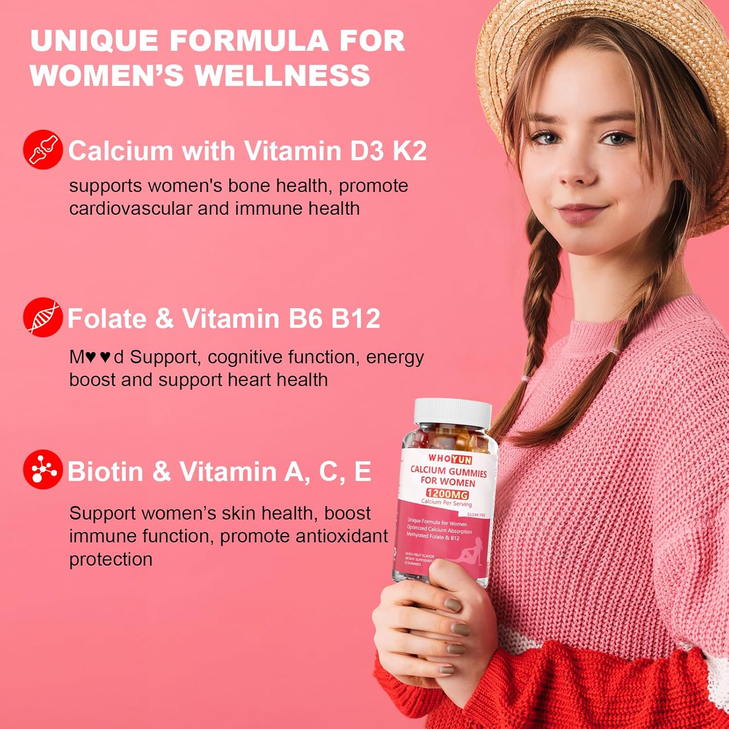 Women's Calcium Gummies with Folate, B6, B12, D3, Magnesium & Zinc - Chewable Bone & Skin Health Supplement 60 Count