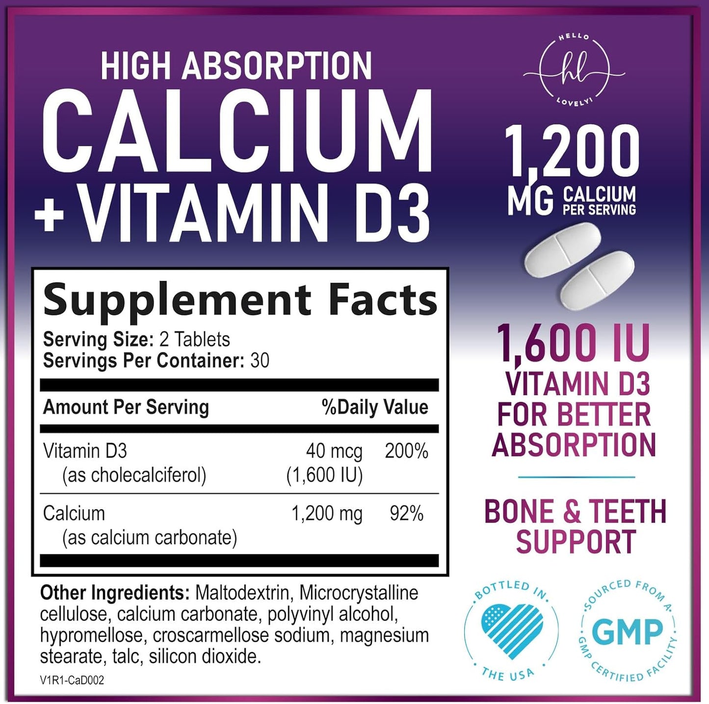 Women's Calcium Supplement with Vitamin D3 for Bone, Teeth, and Immune Support - High Absorbable Premium Calcium Carbonate Tablets - 60 Count