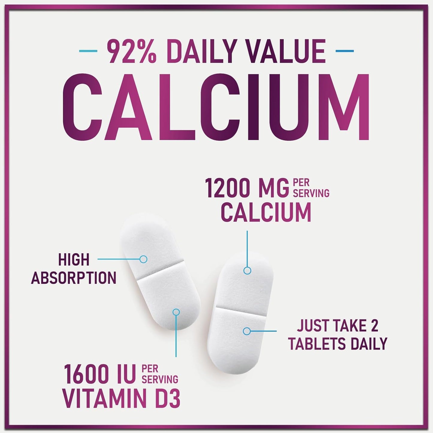 Women's Calcium Supplement with Vitamin D3 for Bone, Teeth, and Immune Support - High Absorbable Premium Calcium Carbonate Tablets - 60 Count