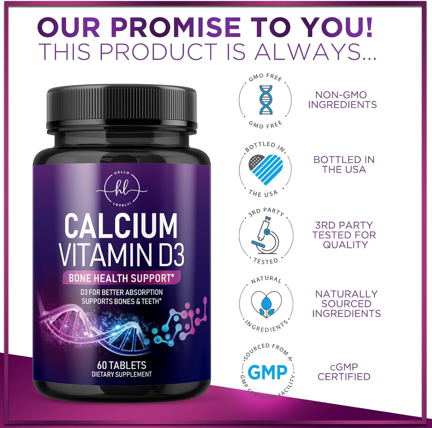 Women's Calcium Supplement with Vitamin D3 for Bone, Teeth, and Immune Support - High Absorbable Premium Calcium Carbonate Tablets - 60 Count