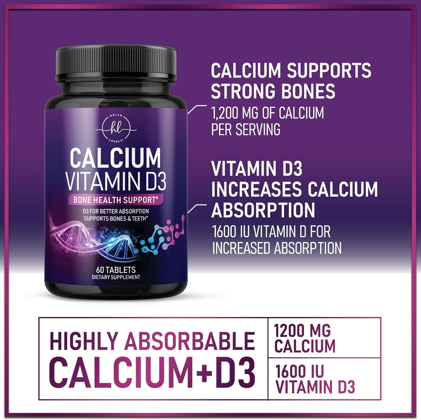 Women's Calcium Supplement with Vitamin D3 for Bone, Teeth, and Immune Support - High Absorbable Premium Calcium Carbonate Tablets - 60 Count