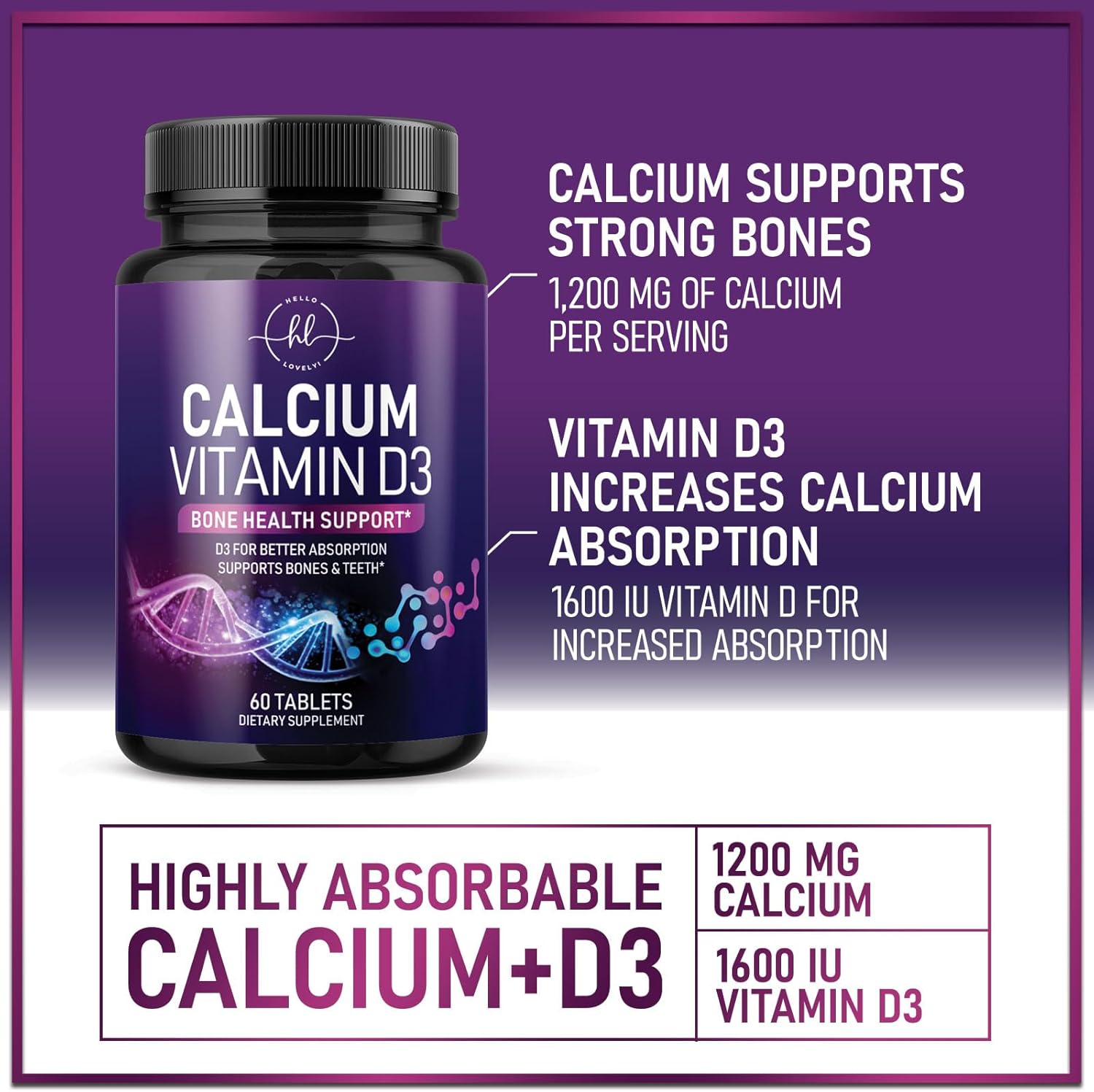 Women's Calcium Supplement with Vitamin D3 for Bone, Teeth, and Immune Support - High Absorbable Premium Calcium Carbonate Tablets - 60 Count