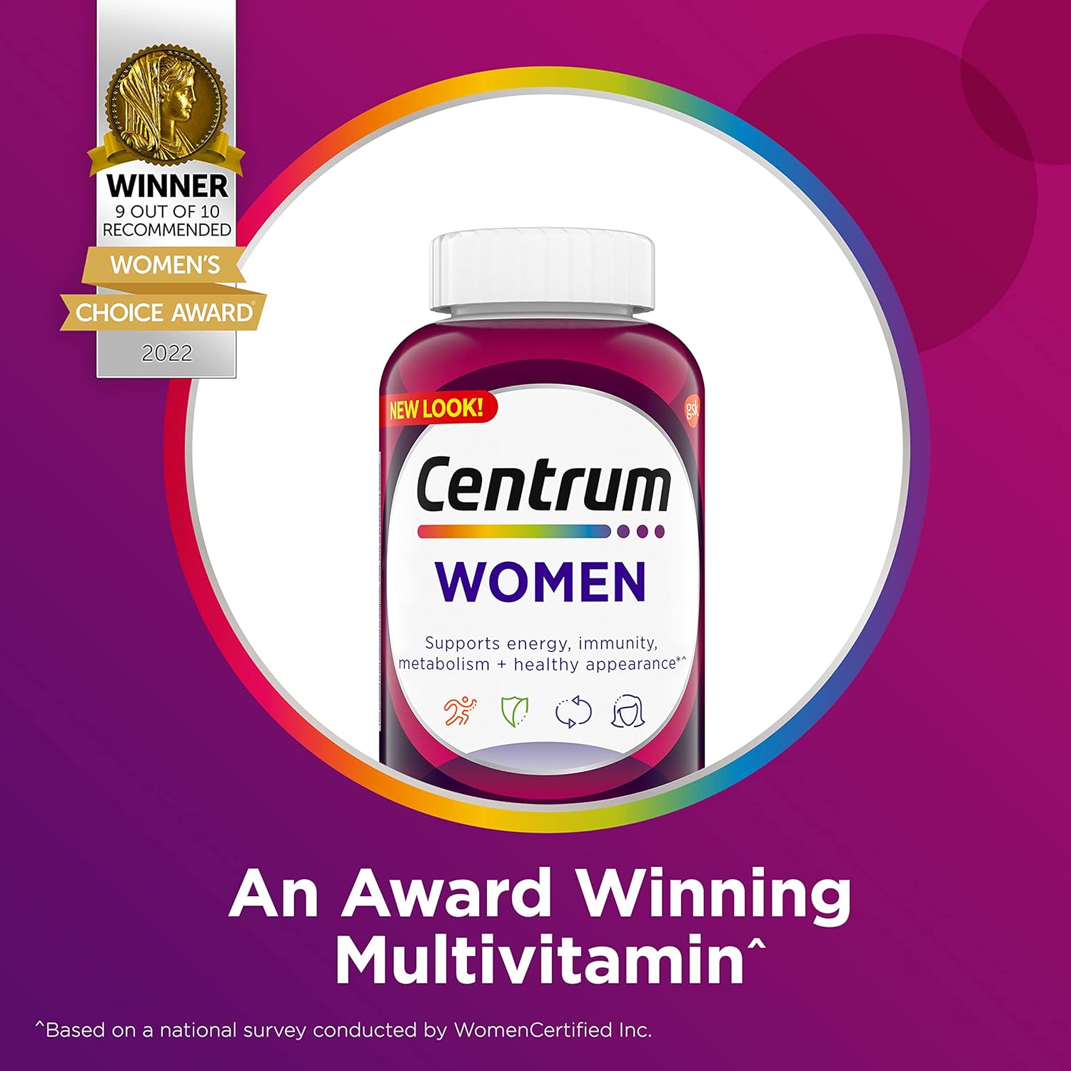 Women's Centrum Multivitamin with Iron, Vitamin D3, B Vitamins, Antioxidants C & E - 250 Count, Gluten Free & Non-GMO