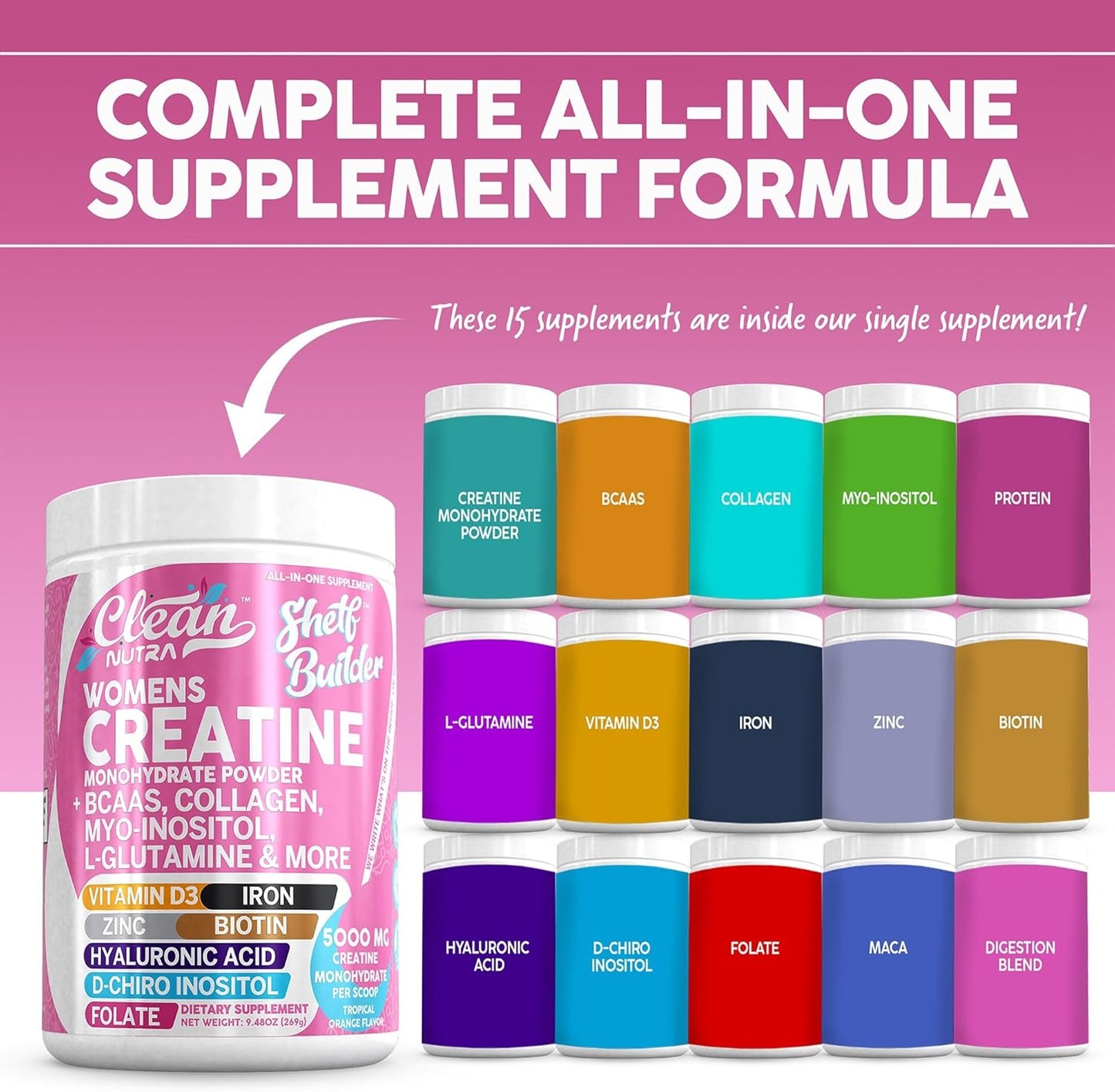 Women's Clean Nutraceuticals Creatine Supplement with BCAAs, Myo-Inositol, Collagen, Biotin, and More for Digestion and Muscle Building