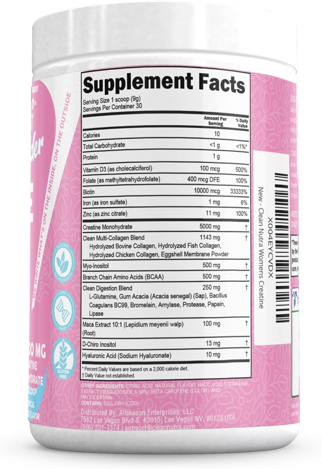 Women's Clean Nutraceuticals Creatine Supplement with BCAAs, Myo-Inositol, Collagen, Biotin, and More for Digestion and Muscle Building