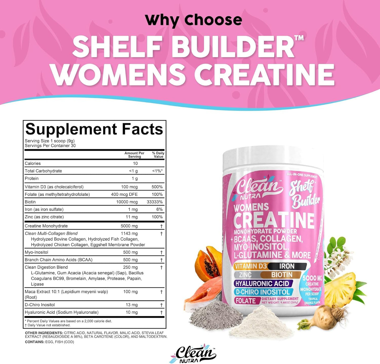 Women's Clean Nutraceuticals Creatine Supplement with BCAAs, Myo-Inositol, Collagen, Biotin, and More for Digestion and Muscle Building