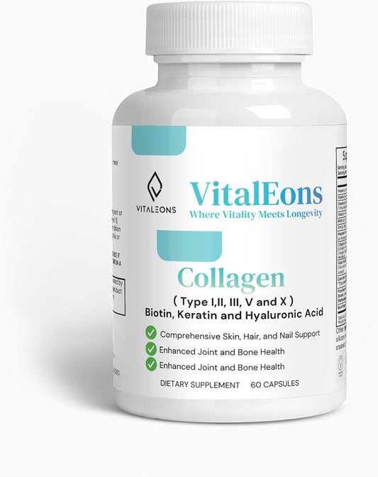 Women's Collagen Supplement with Biotin, Keratin, and Hyaluronic Acid - Supports Hair, Skin, and Nails - Type I, II, III, V, X - 60 Capsules