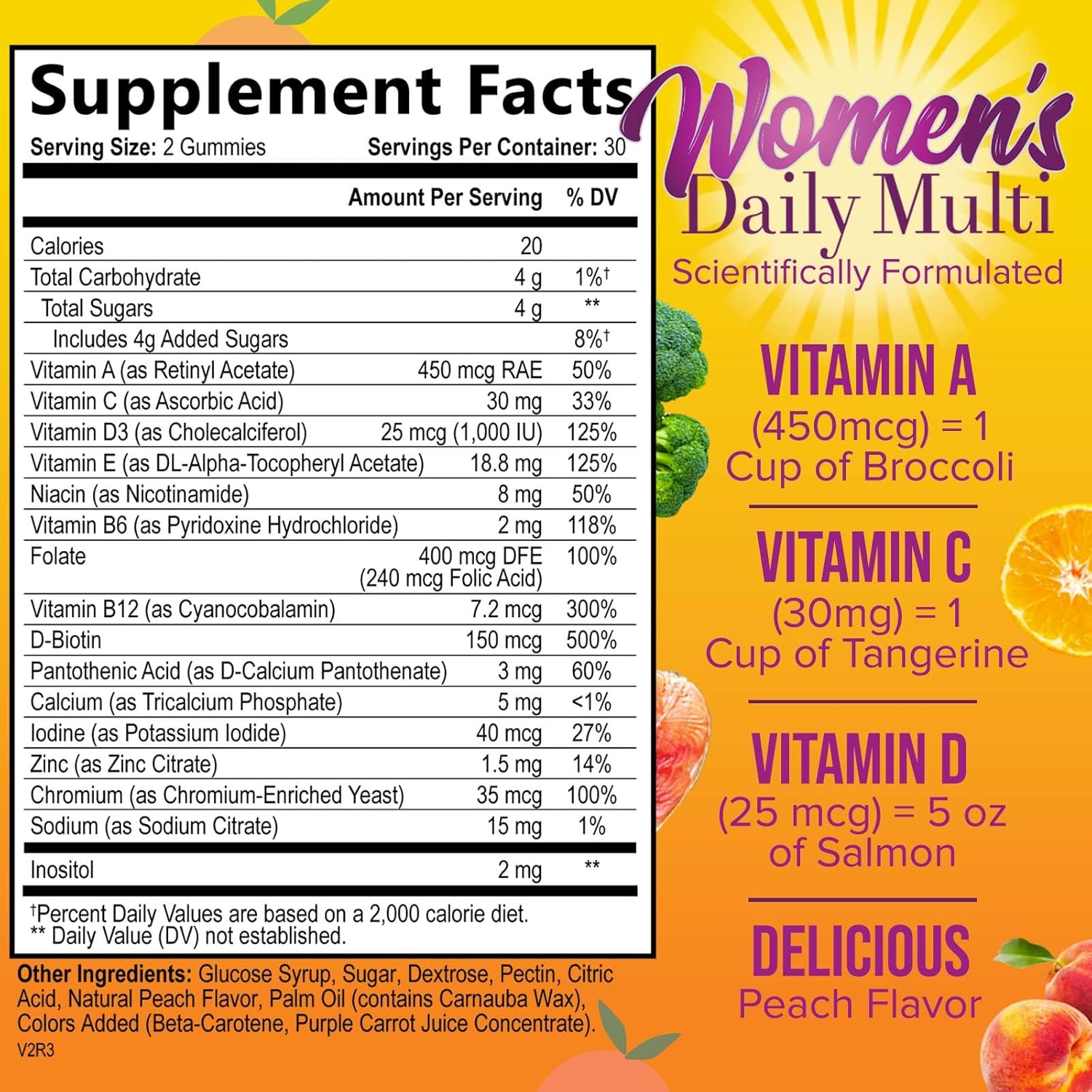 Women's Complete Daily Multivitamin Gummies with Vitamin A, C, D, E, B6, B12, Biotin & Calcium - Immune Health & Energy Support - Peach Flavored - Non-GMO - 60 Count
