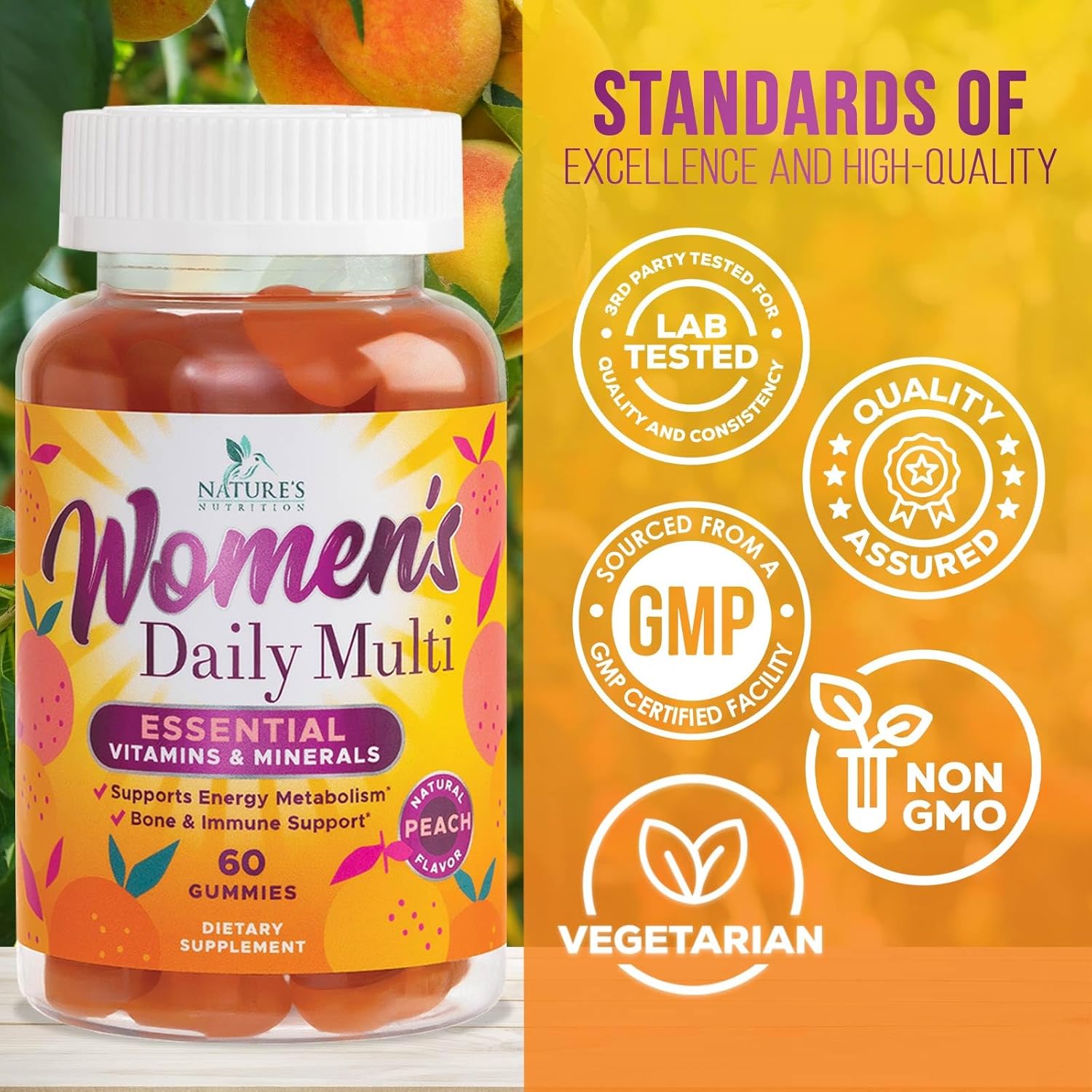 Women's Complete Daily Multivitamin Gummies with Vitamin A, C, D, E, B6, B12, Biotin & Calcium - Immune Health & Energy Support - Peach Flavored - Non-GMO - 60 Count