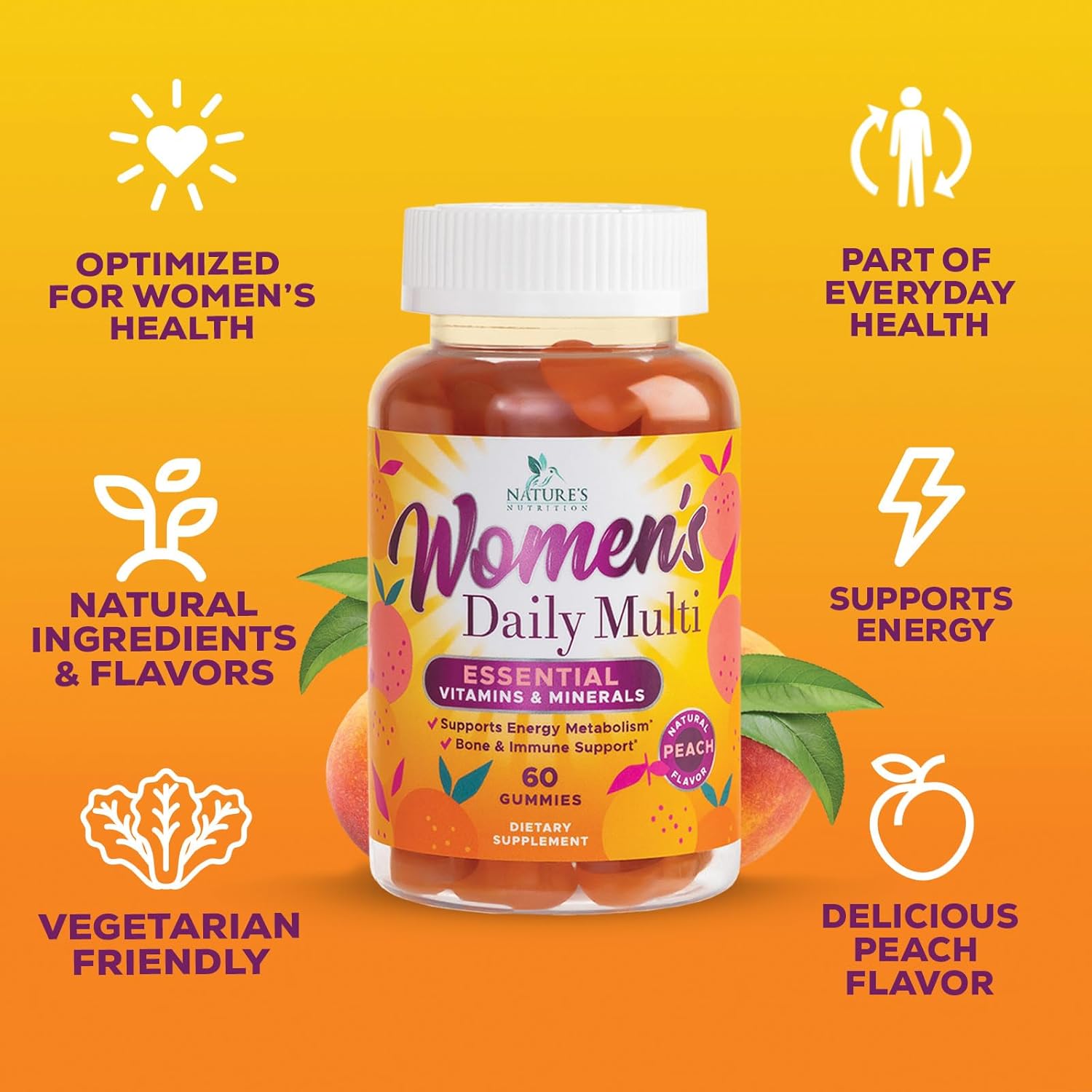 Women's Complete Daily Multivitamin Gummies with Vitamin A, C, D, E, B6, B12, Biotin & Calcium - Immune Health & Energy Support - Peach Flavored - Non-GMO - 60 Count