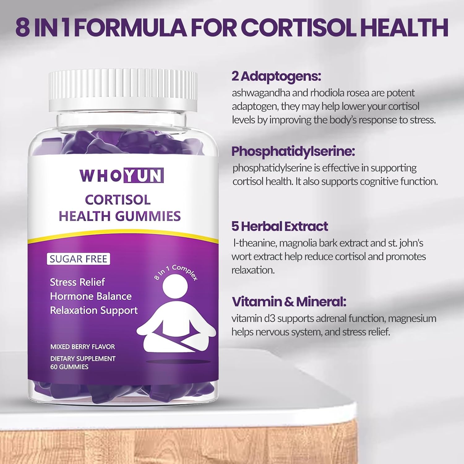 Women's Cortisol Support Gummies with Phosphatidylserine & Ashwagandha - Stress Relief & Magnesium - Vegan & Sugar Free - 60 Count
