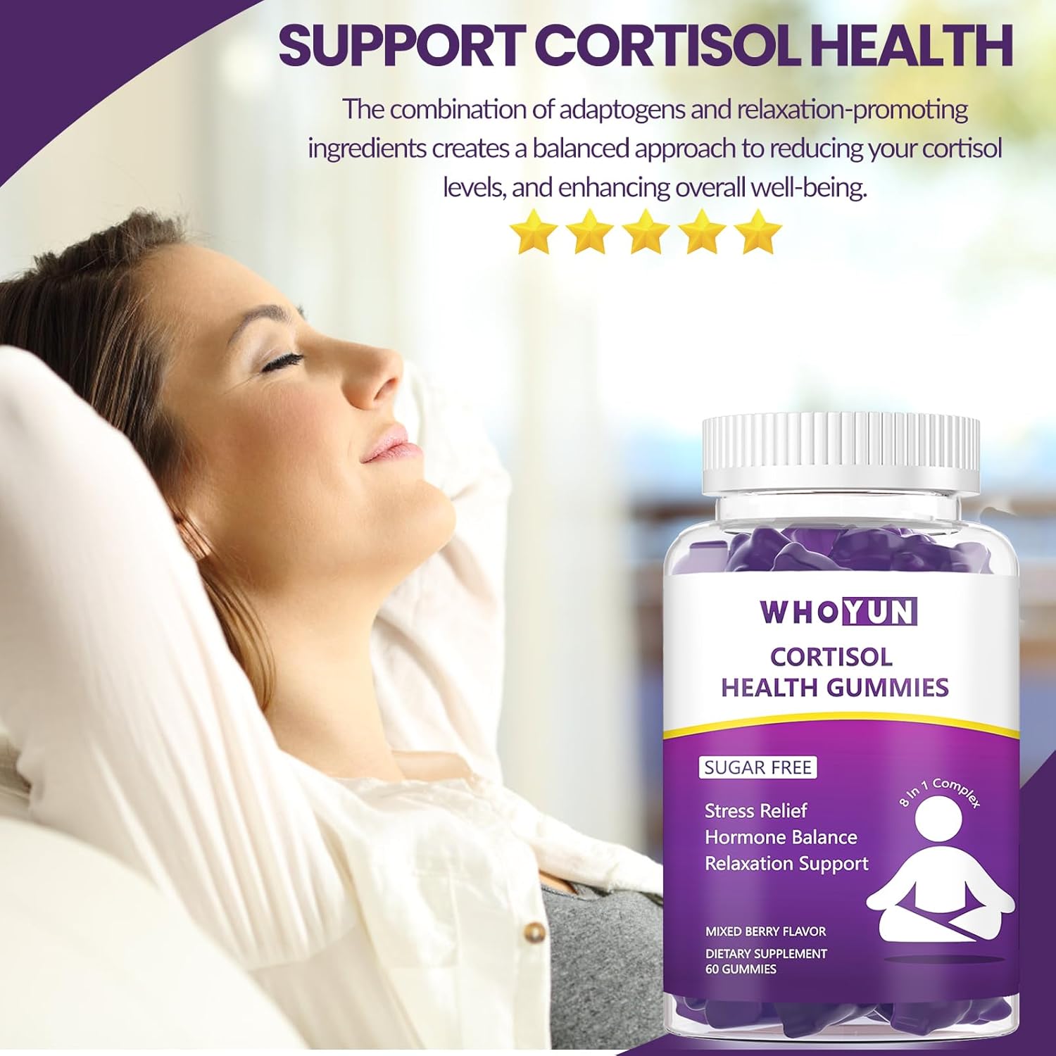 Women's Cortisol Support Gummies with Phosphatidylserine & Ashwagandha - Stress Relief & Magnesium - Vegan & Sugar Free - 60 Count