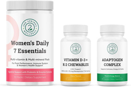 Women's Daily Essentials Bundle: Vitamin D3 + K2 Chewables & Adaptogen Complex with 2nd Springs