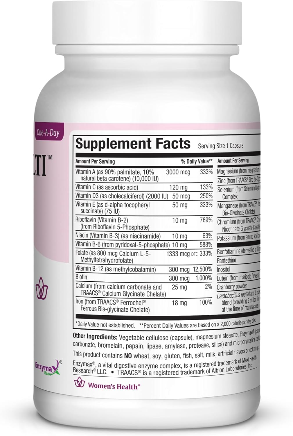 Women's Daily Multivitamin with Biotin, Vitamins A-E, Calcium, Zinc, Lutein, Magnesium, Folate - Supports Gut Health - Natural, Non-GMO, Gluten & Dairy Free - Kosher.