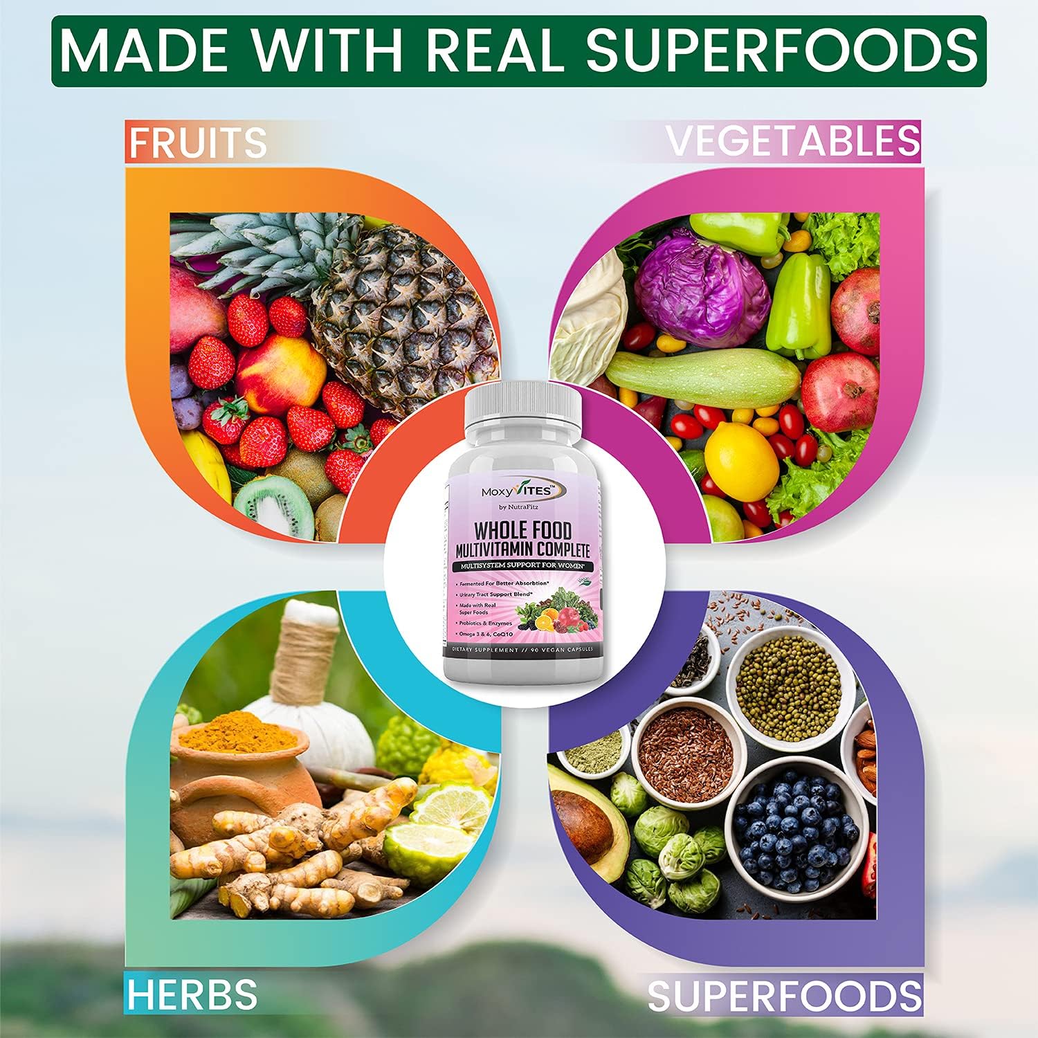 Women's Daily Multivitamin with Iron - 44 Organic Whole Food Nutrients - Complete Multisystem Support - 90 Vegan Capsules