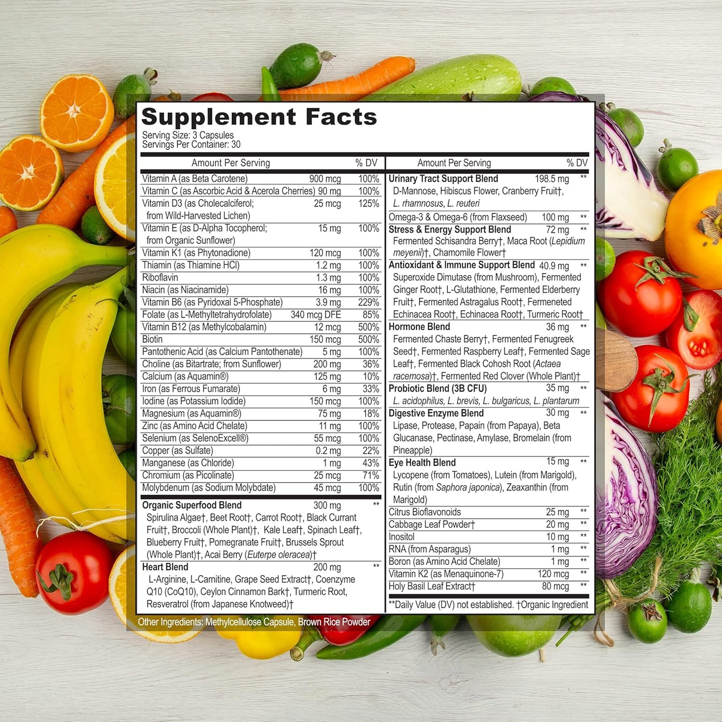 Women's Daily Multivitamin with Iron - 44 Organic Whole Food Nutrients - Complete Multisystem Support - 90 Vegan Capsules