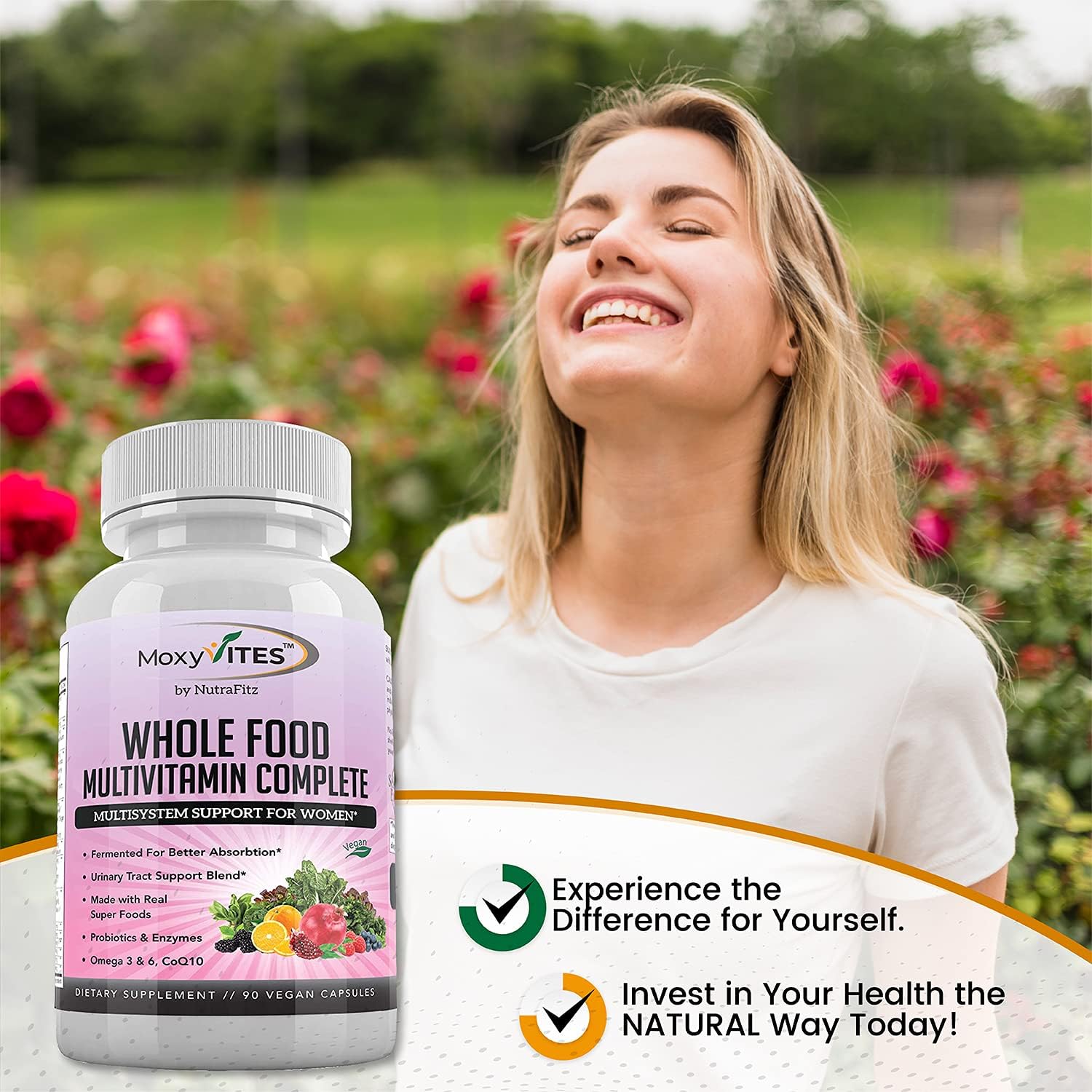 Women's Daily Multivitamin with Iron - 44 Organic Whole Food Nutrients - Complete Multisystem Support - 90 Vegan Capsules